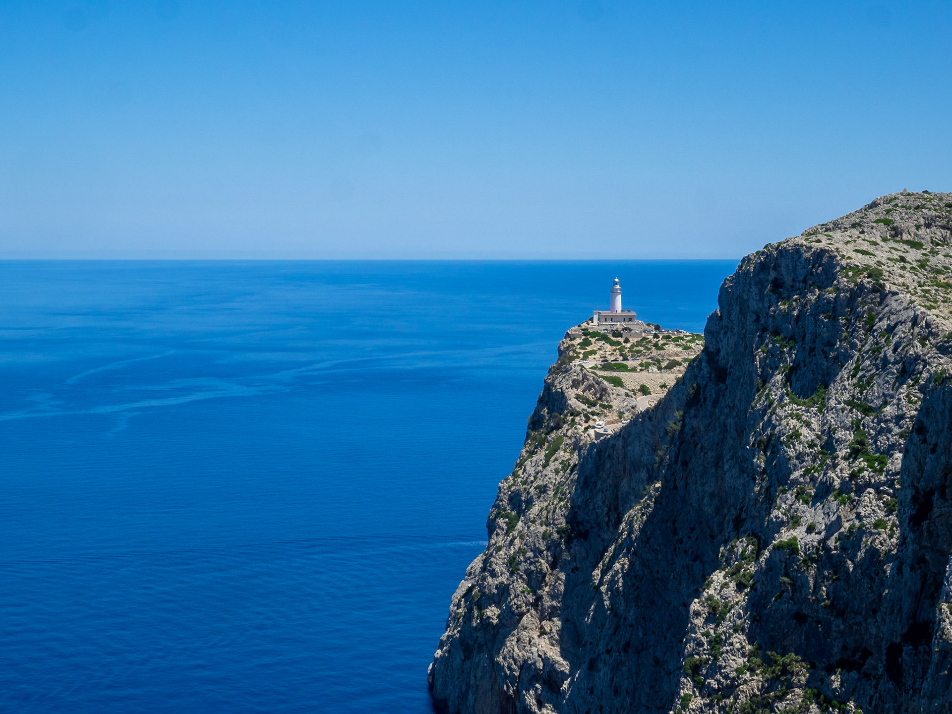 Cap Formentor lighthouse atop the cliffs, Maiorca