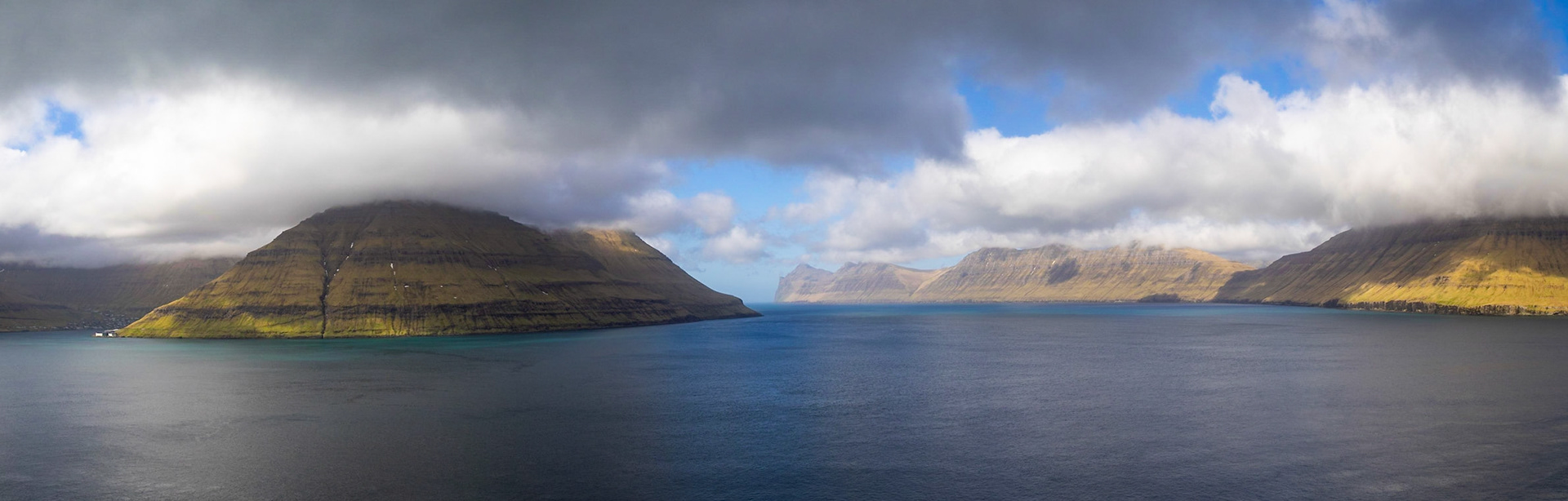 Leirviksfjørður panorama, looking at  the south of Kalsoy island with Borðoy island on the right