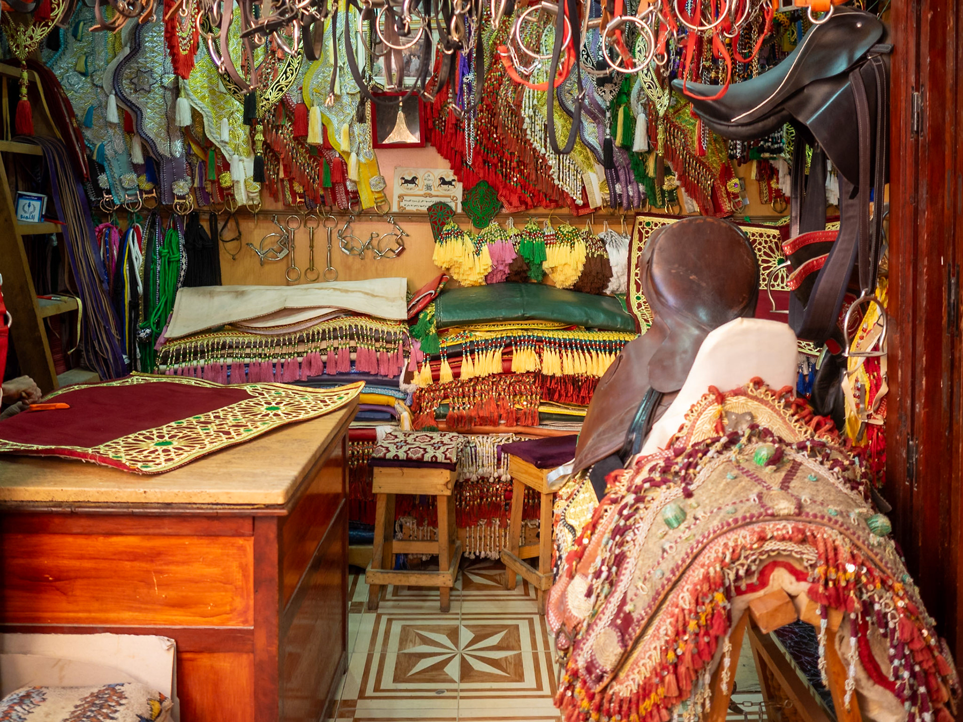 Small harnesses and other horse related materials in Fez souk, Morocco