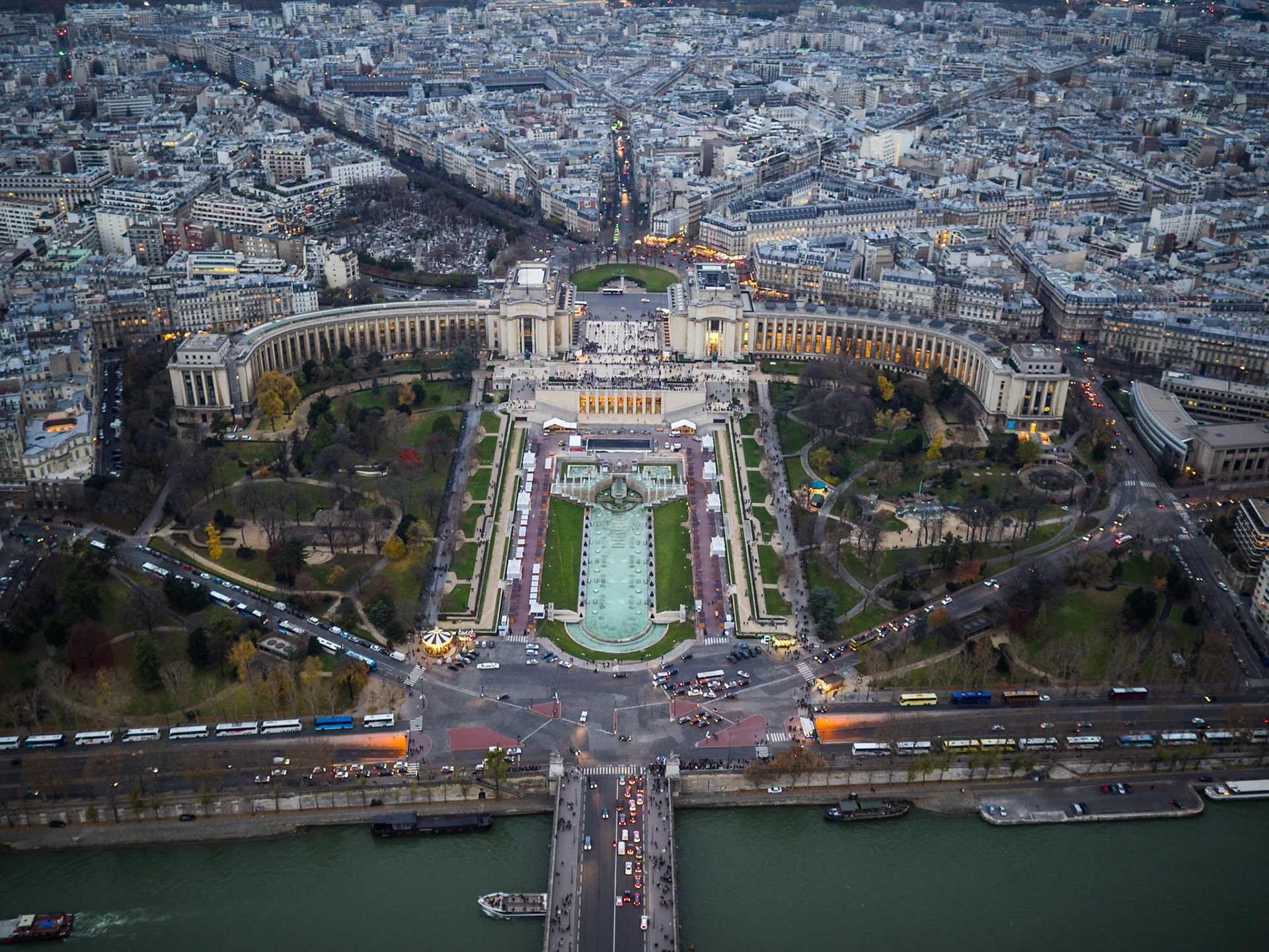 View ot Trocadero and Seine river from Eiffel tower top