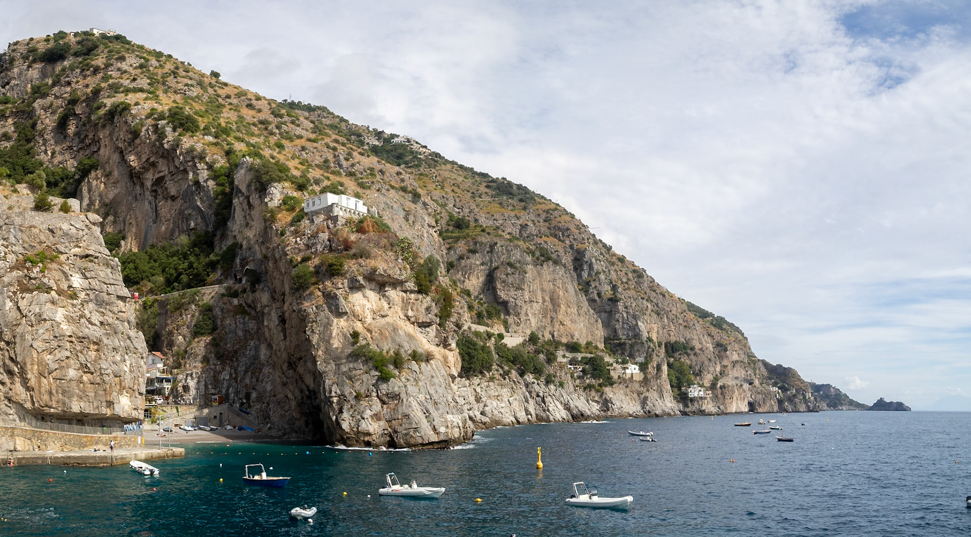 Marina di Praia beach below the mountain slops, Amalfi Coast
