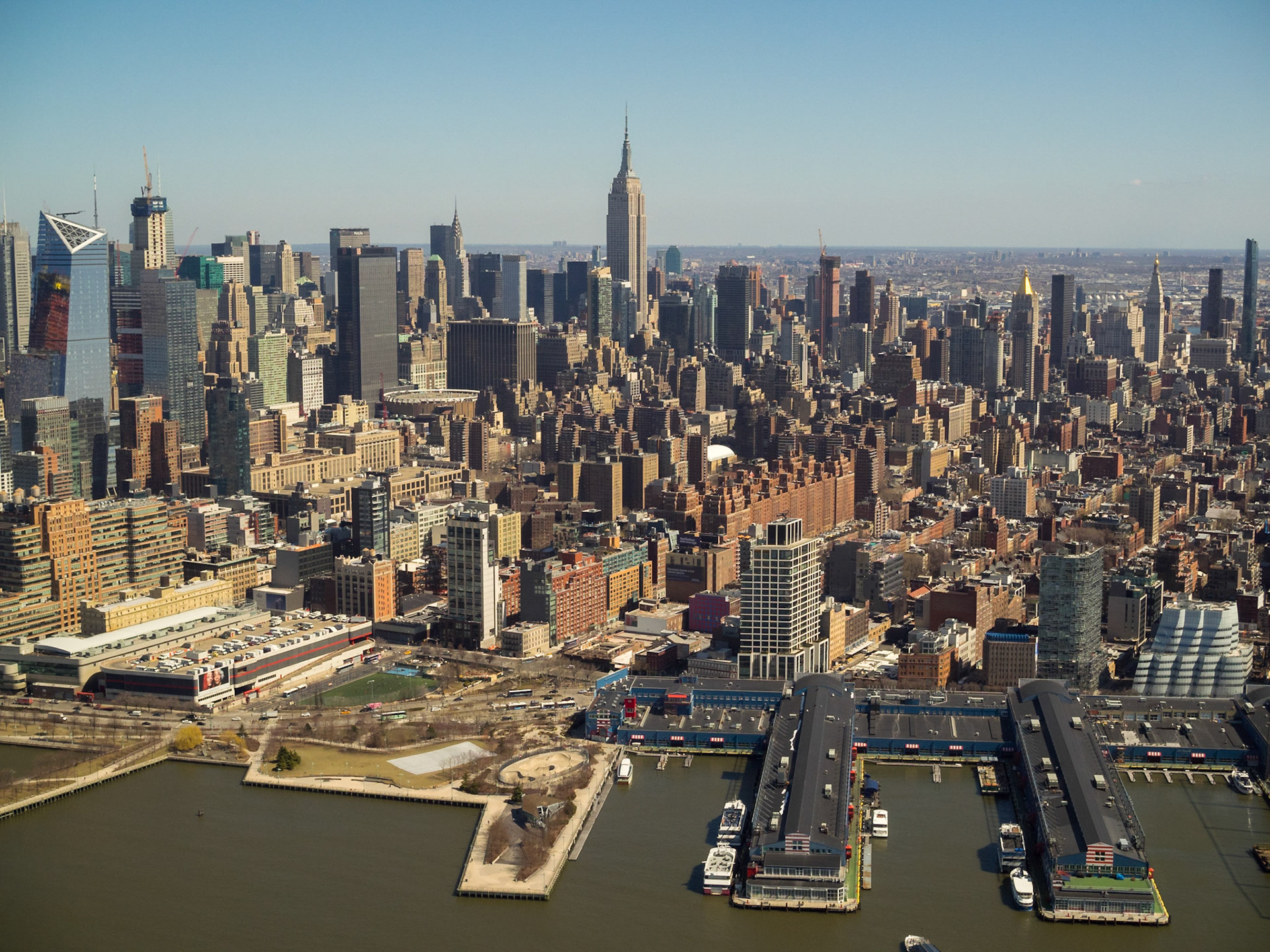 Midtown Manhattan seen from an helicopter ride over Hudson River