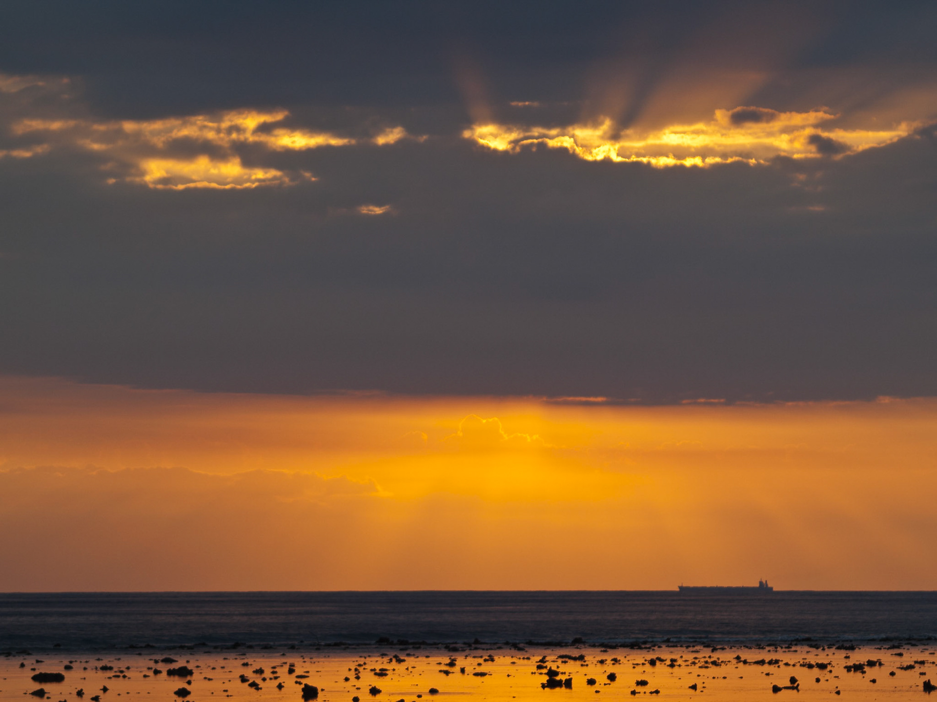 Cargo ship silhouette in the horizon line with sunset orange light