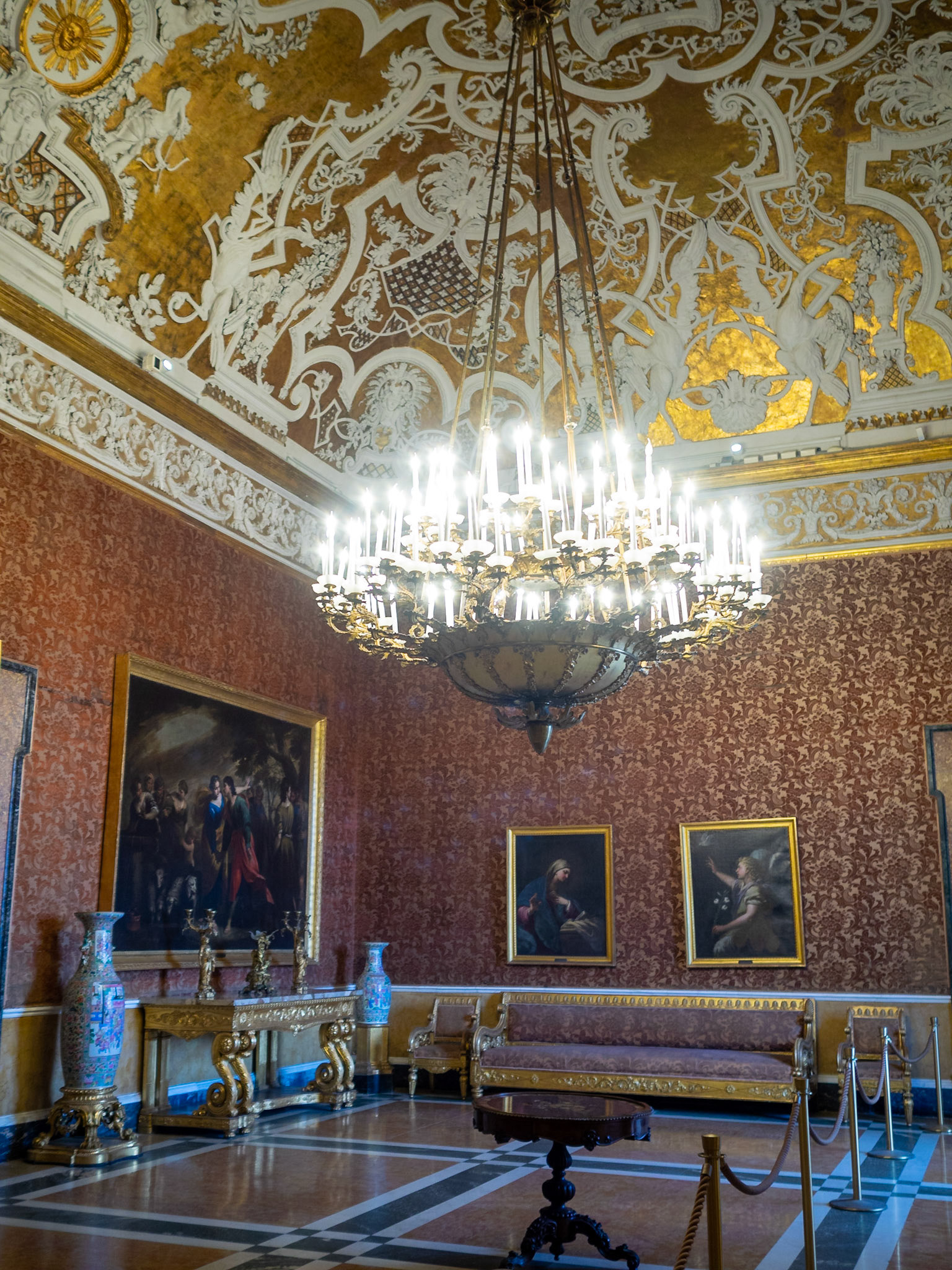 Naples Royal Palace Queen Room with Rococo white and gilt stucco ceiling