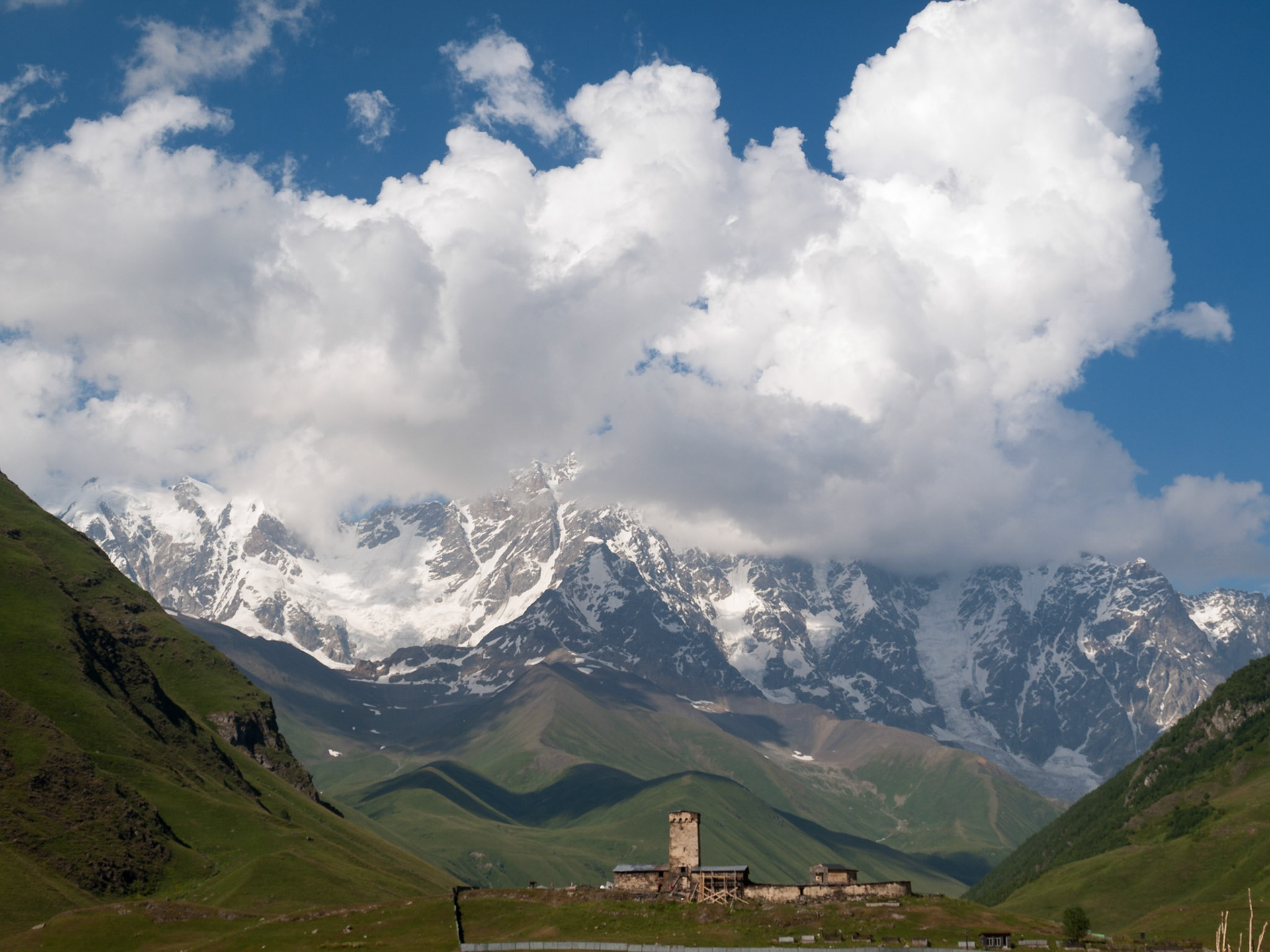 Ushguli church of the Virgin Mary with Mount Shkhara in background