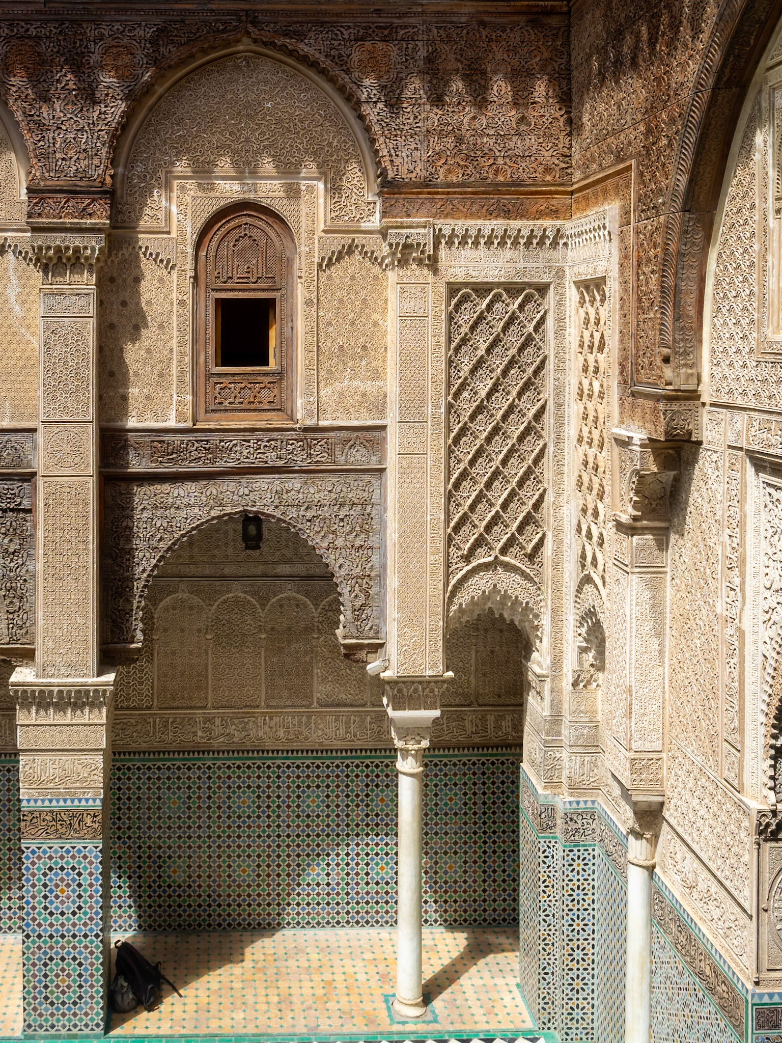 Mesbahiyya Madrasa courtyard upper level detail, Fez, Morocco