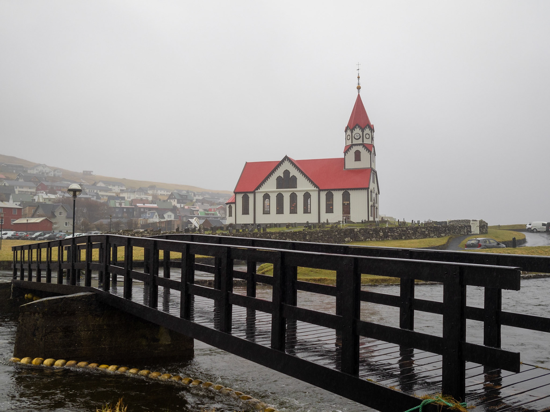 Sandavágur church in a rainy day