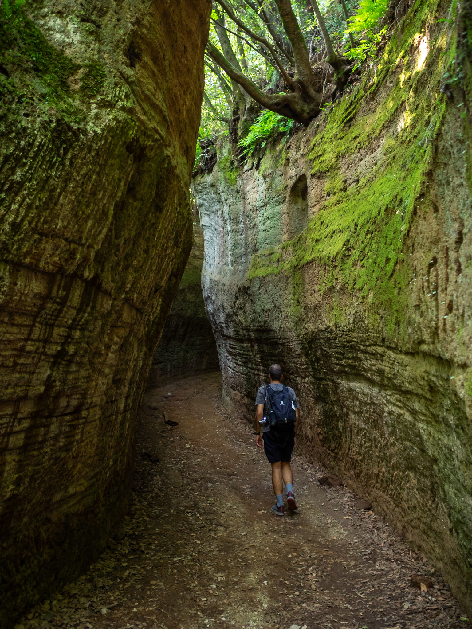 Wlaking in the Vie Cave, old Etruscan road excavated from the tuff rock, The Etruscan Necropolis of Sovana