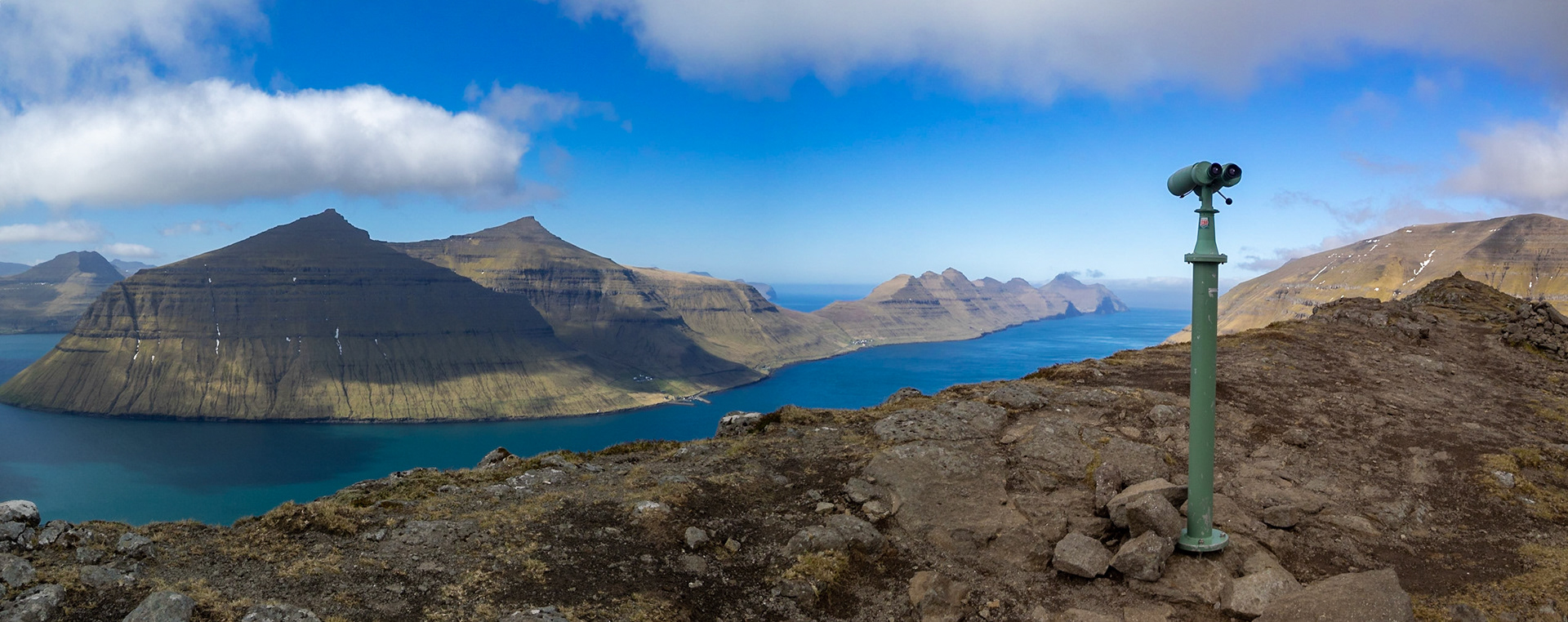 Kalsoy, and the fjord, panorama seen from the Klakkur mountain hiking path
