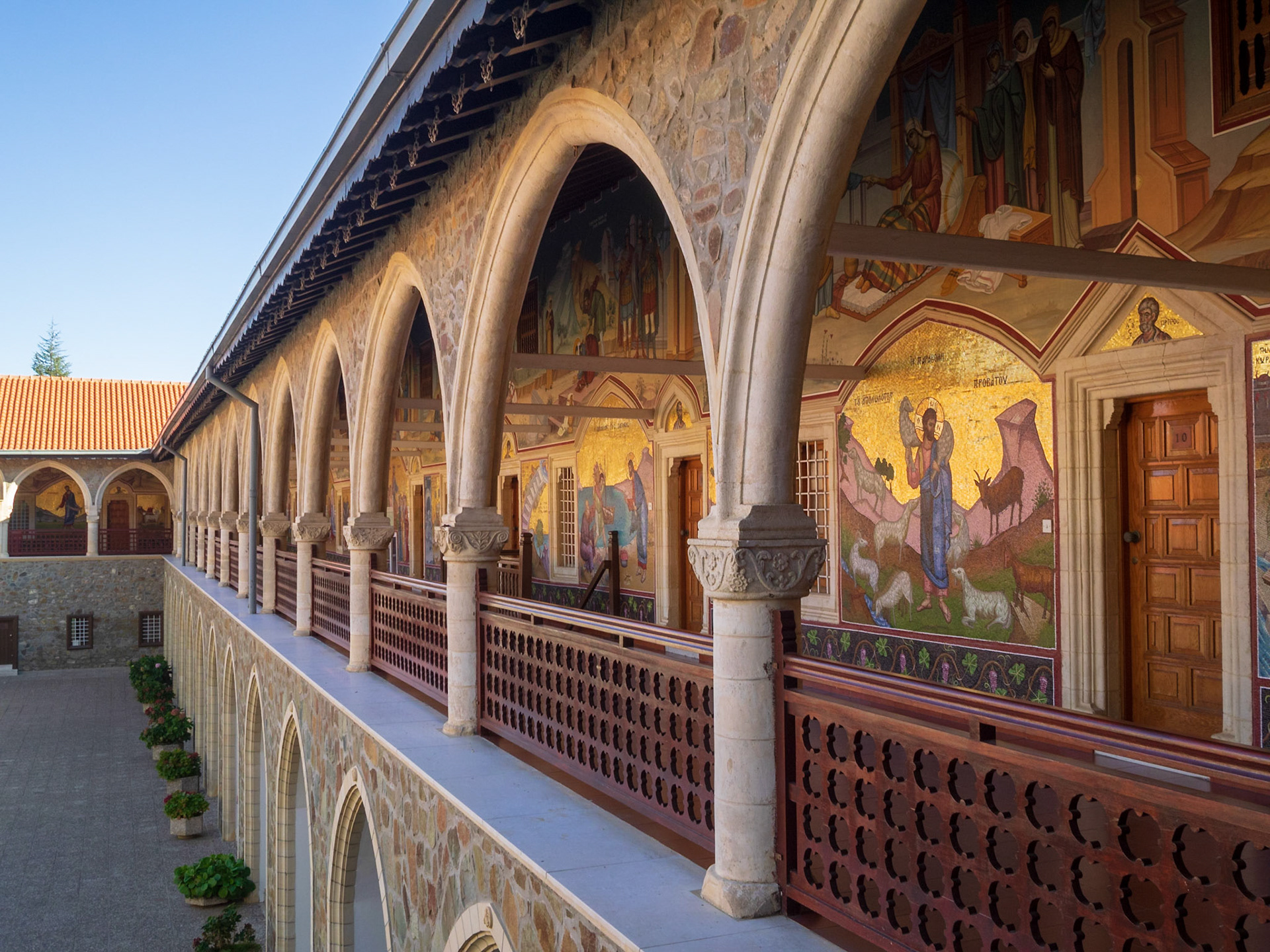 Kykkos Monastery fresco painted corridor walls