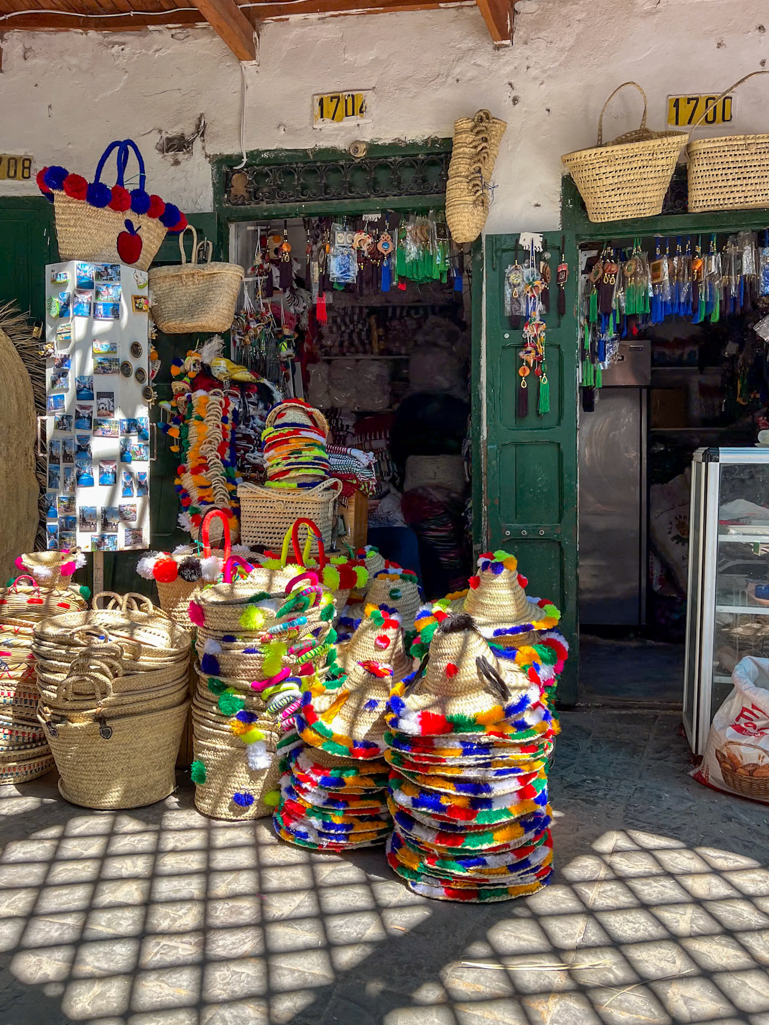 Wicker crafts for sale at a Tetouan medina shop