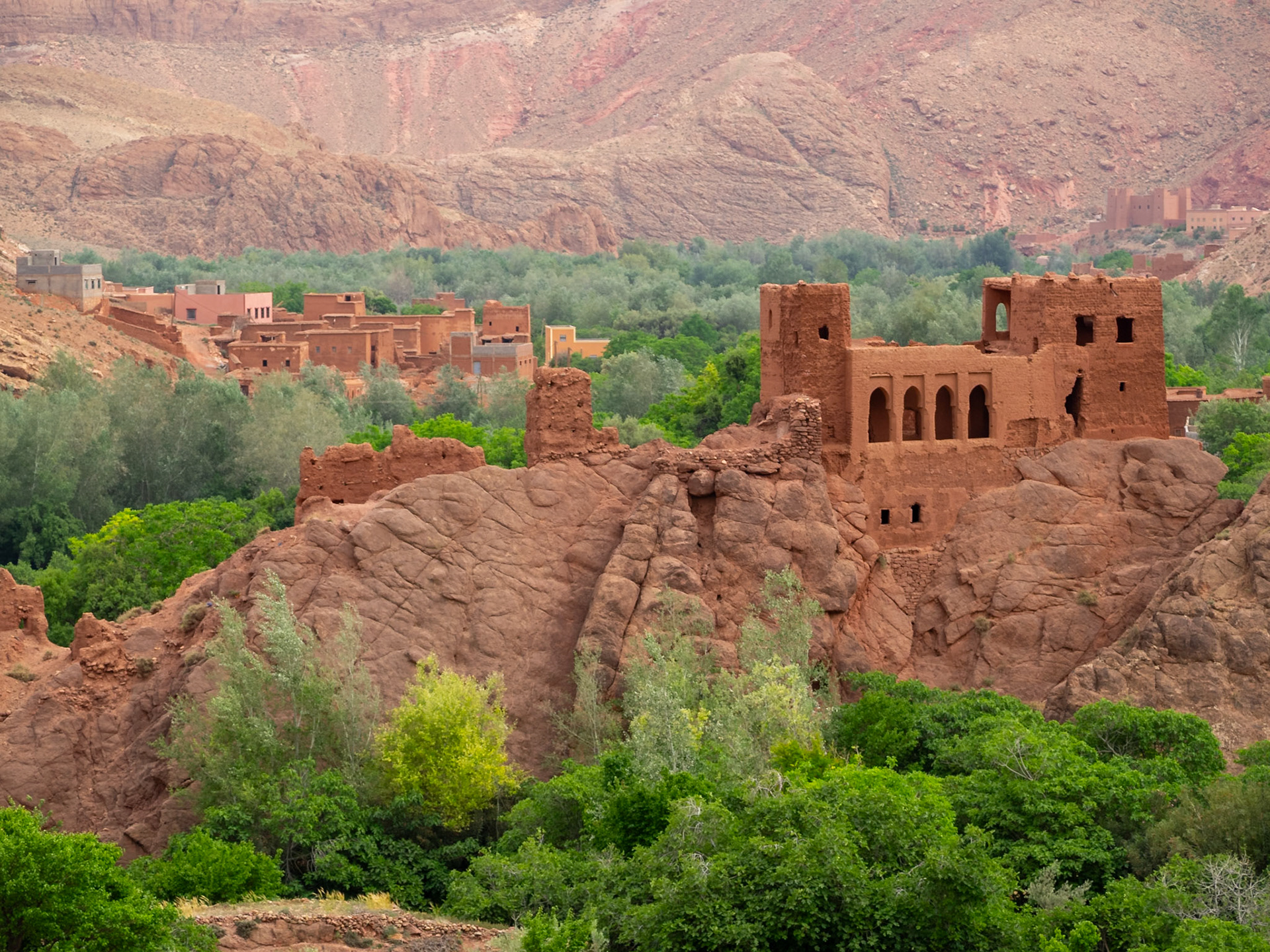 Old kasbah ruins between the green of Dades valley, Morocco