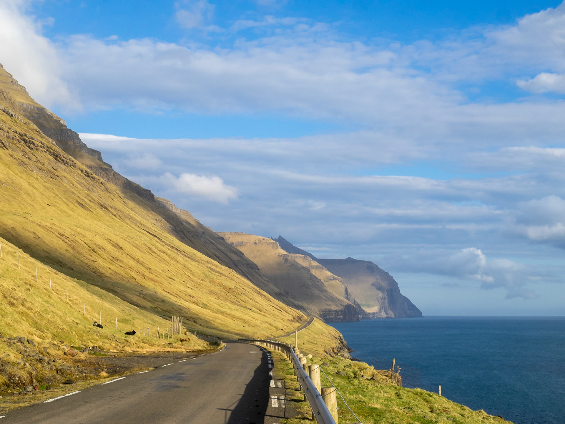 Winding road along Kalsoy coastline