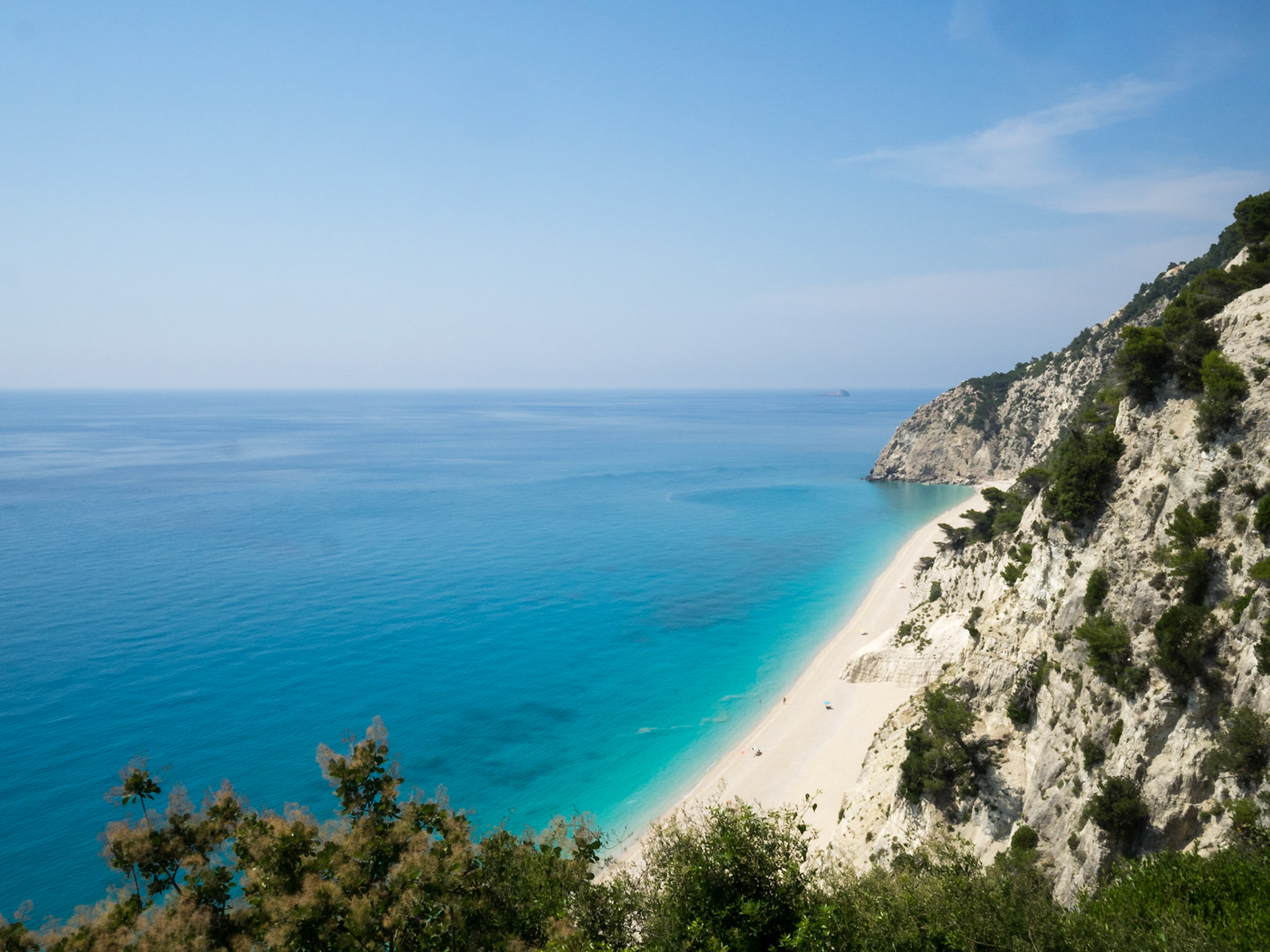 View from atop the cliffs to Egremni beach white sand and turquoise waters