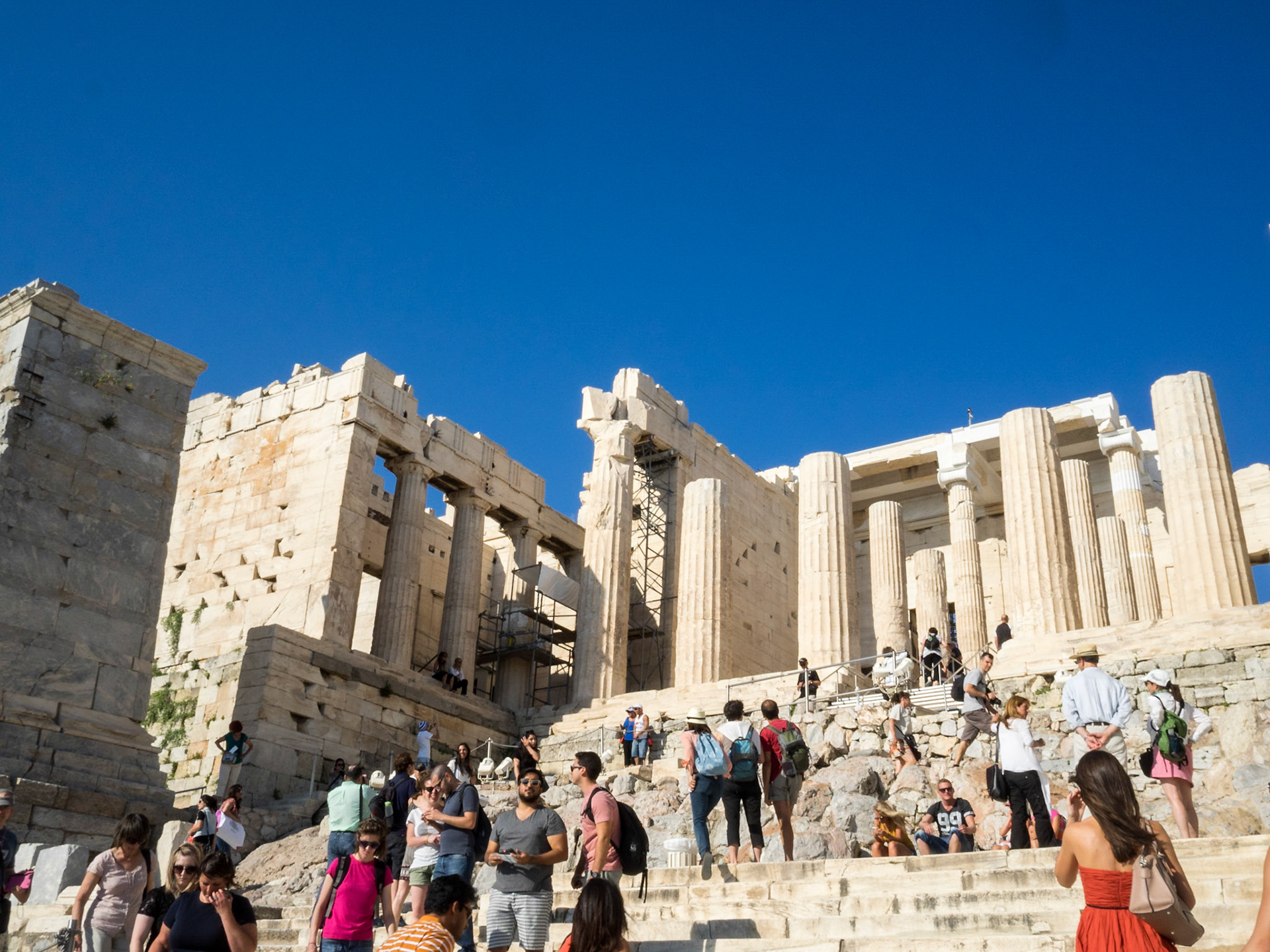 Tourists in the stairs of the Propylaea of the Acropolis