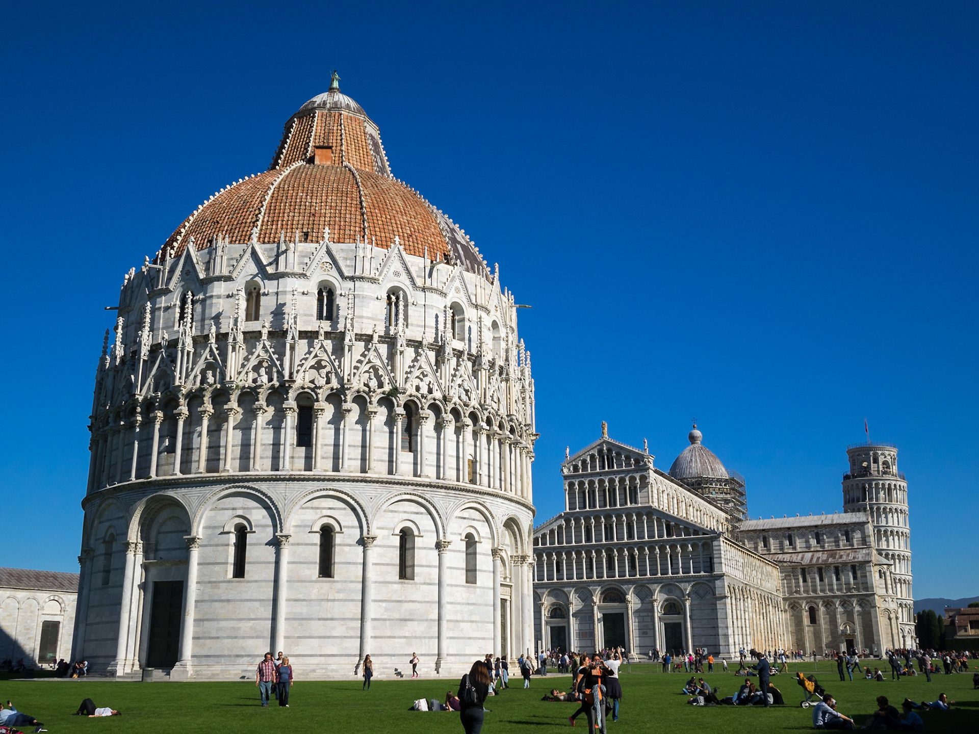 General view of Campo dei Miracoli with Pisa Duomo and Baptistery