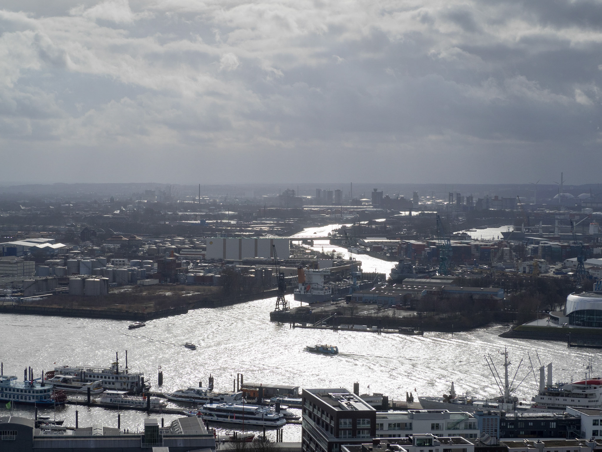 Hamburg port general view from Hauptkirche St. Michaelis