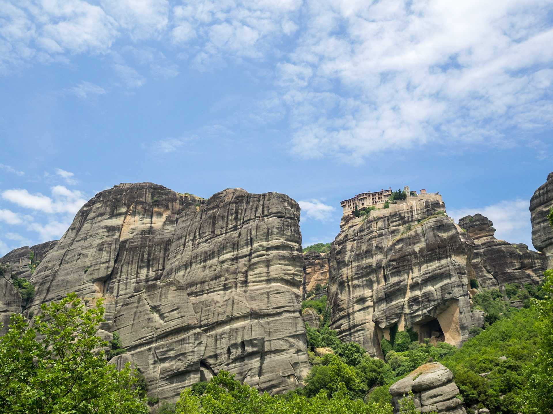 Moni Megalou Meteorou monastery seen from below the rock where it stands