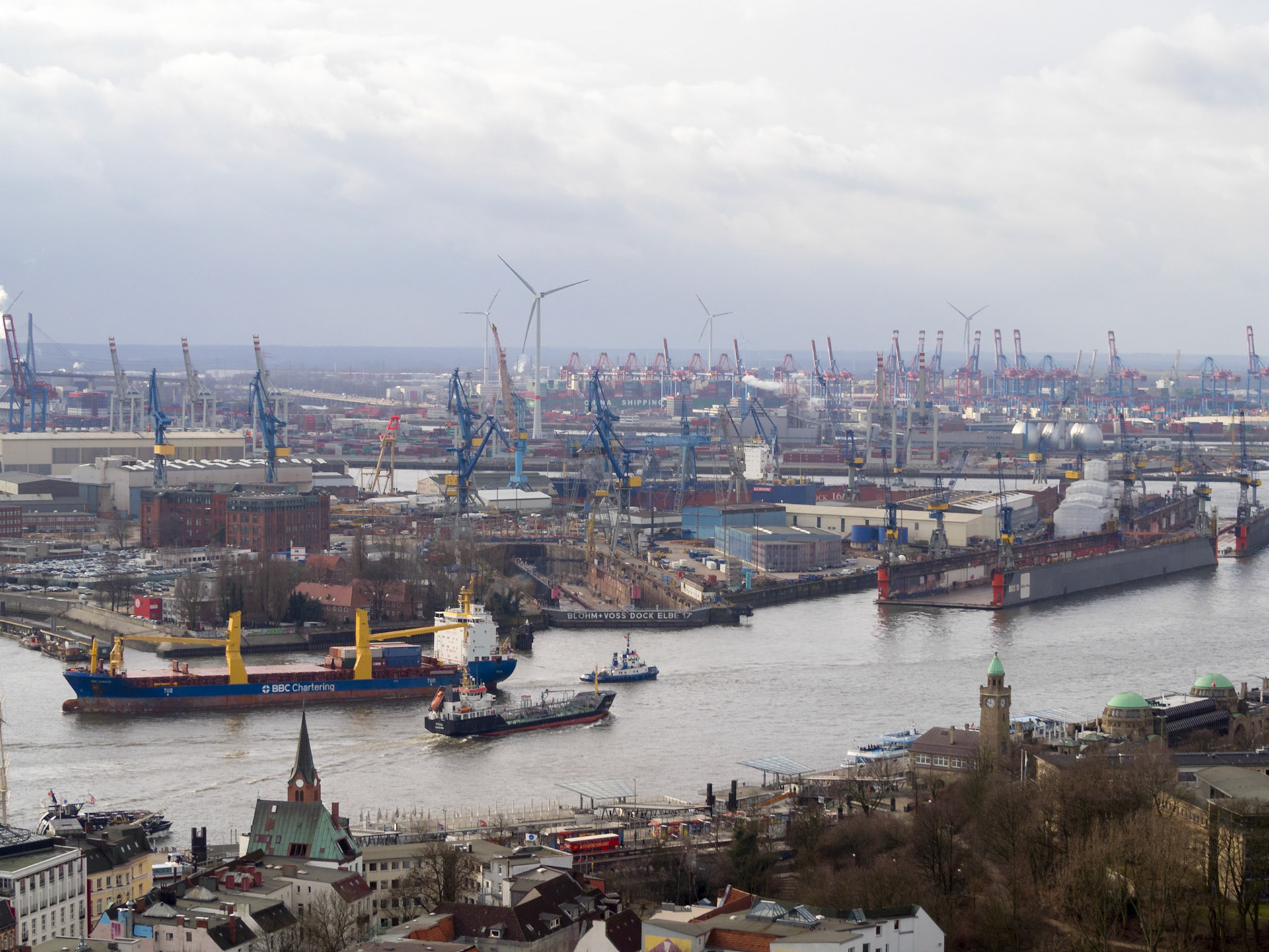 Hamburg port general view from Hauptkirche St. Michaelis
