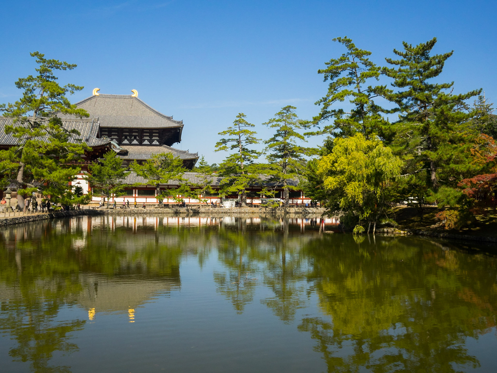 Todai-ji Daibutsu-den temple reflected in a pond at Nara park
