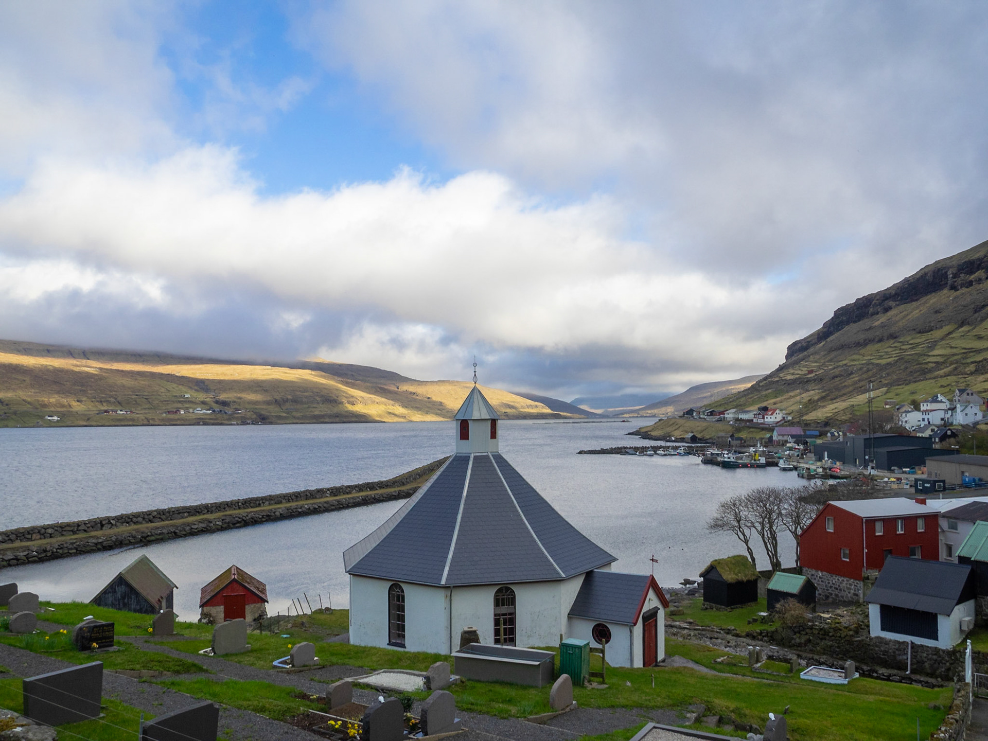 View of Sundinni, between Eysturoy and Streymoy islands, from over Haldarsvík octogonal church