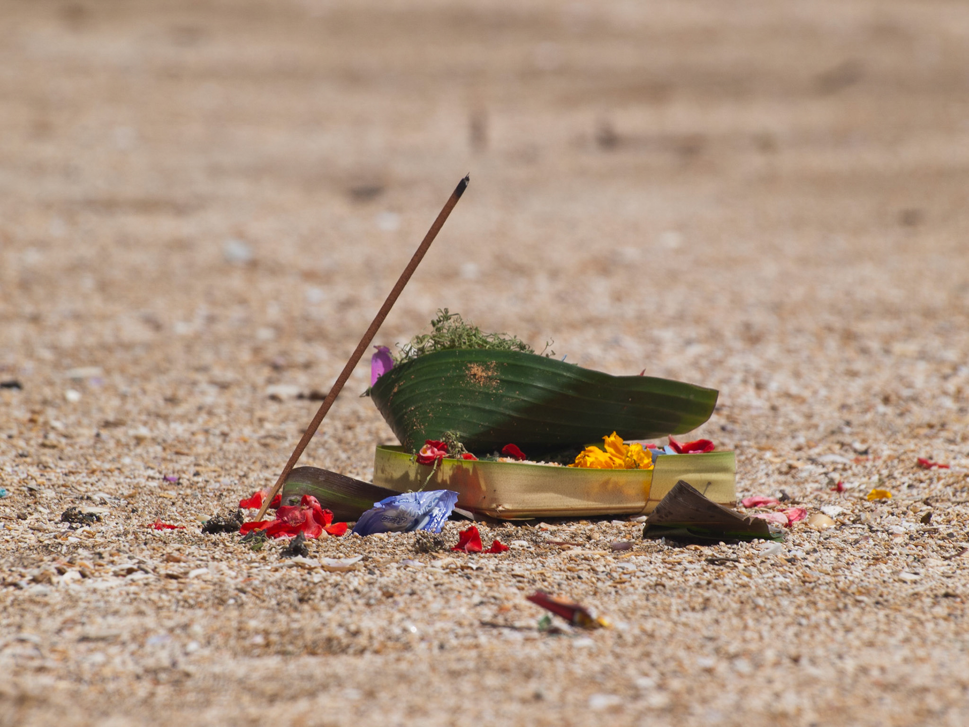 Hindu offerings in the beach sand, Kuta