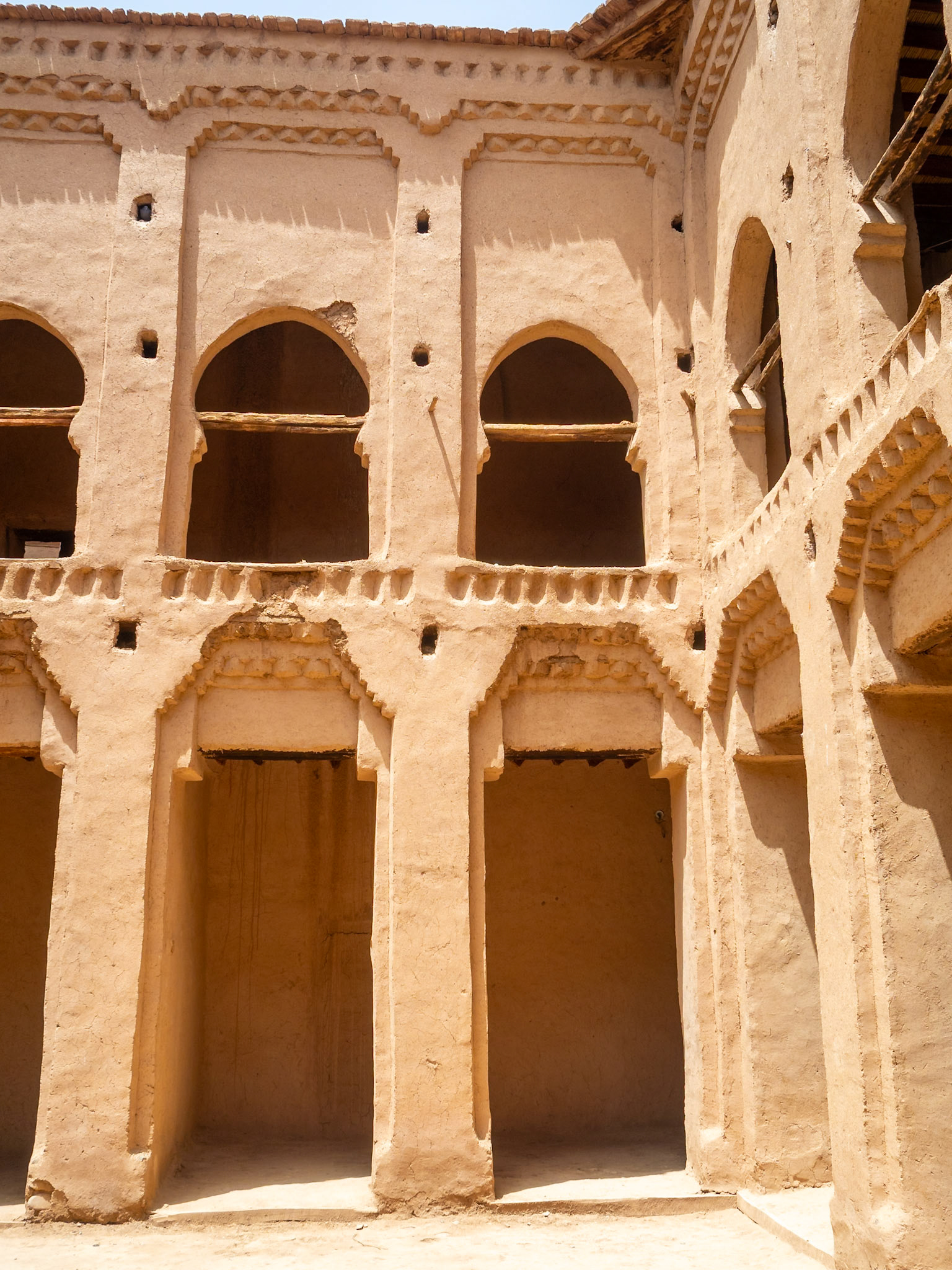 Caids Kasbah inner adobe courtyard with balcony, Morocco