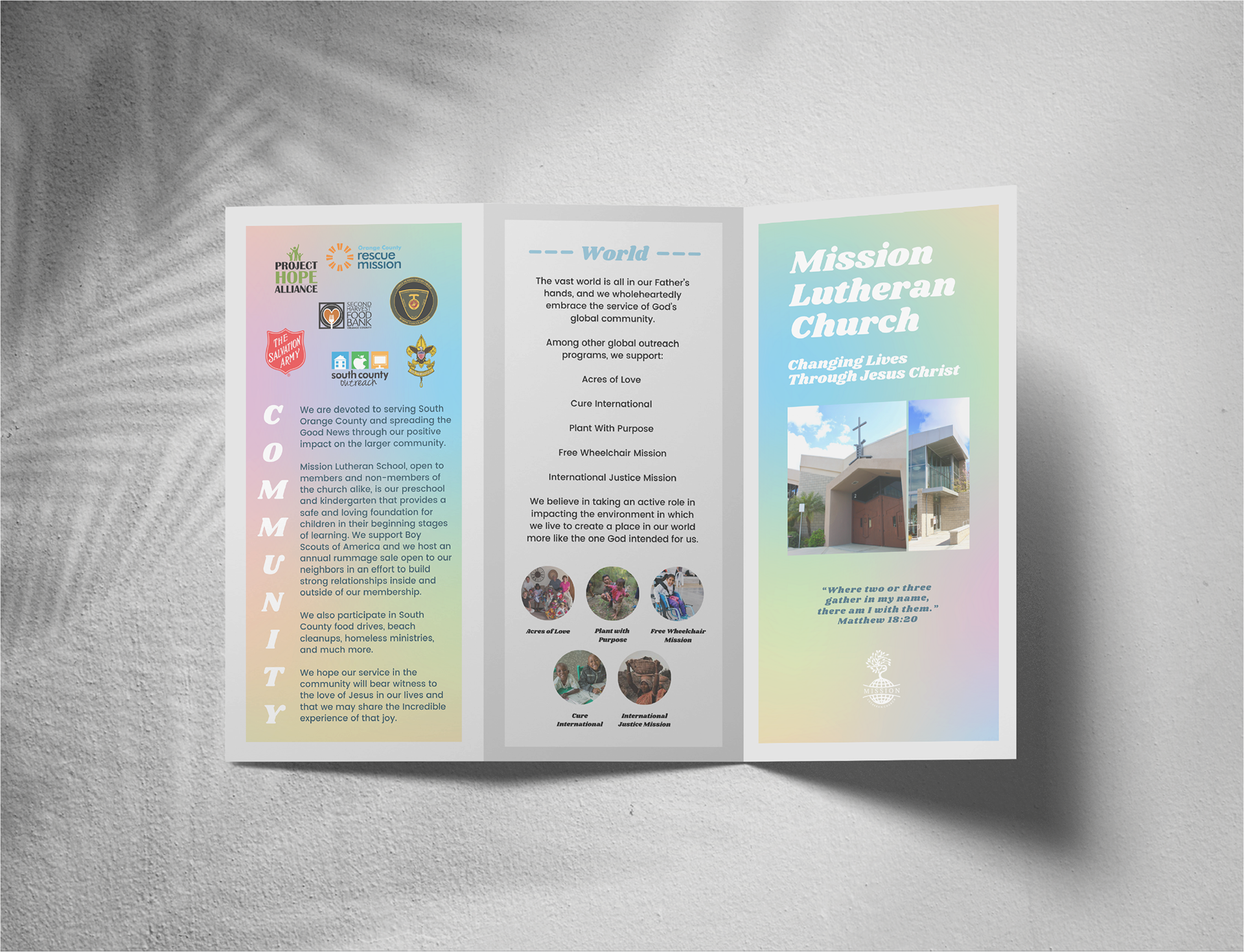 Mission Lutheran Church | Brochure created for Mission Lutheran Church in Adobe Illustrator and Canva. I wanted to give each panel of the brochure it's own unique look while having it tie together with the others. I wanted to keep it minimal while also getting the point across in an aesthetic way.