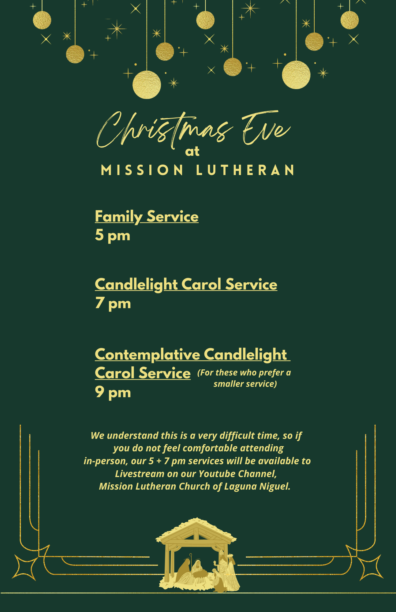 Mission Lutheran Church | Christmas Eve Flyer created in Adobe Illustrator and Canva. With this design I wanted to keep it mostly modern with the choice of lower lined border and gold ornaments. I chose gold colored text throughout to go with the holiday theme.