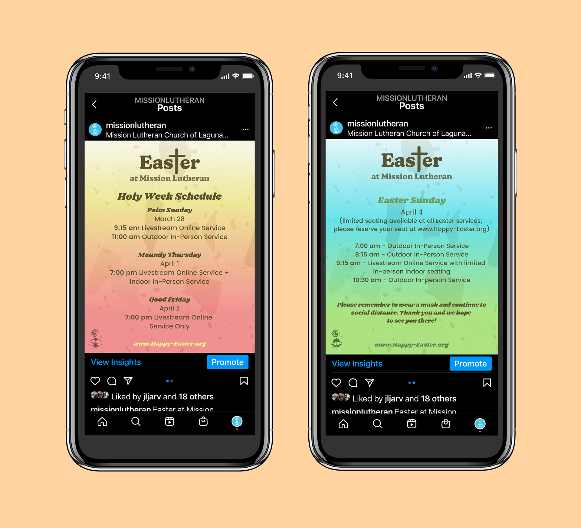 Mission Lutheran Church | Easter Sunday infographic Instagram post. This design was created in Adobe Illustrator and Canva. I chose to use a gradient of both warm and cool colors with a terrazzo style overlay.