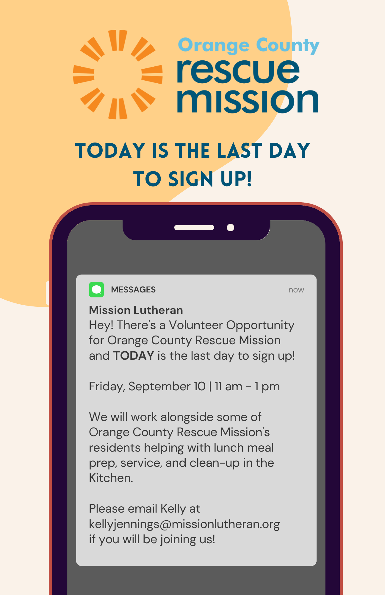 Mission Lutheran Church for Orange County Rescue Mission | Instagram post created for an event that MLC did with OCRM. Looking at the trends, I wanted to put the info on an iPhone as if it was an incoming message.