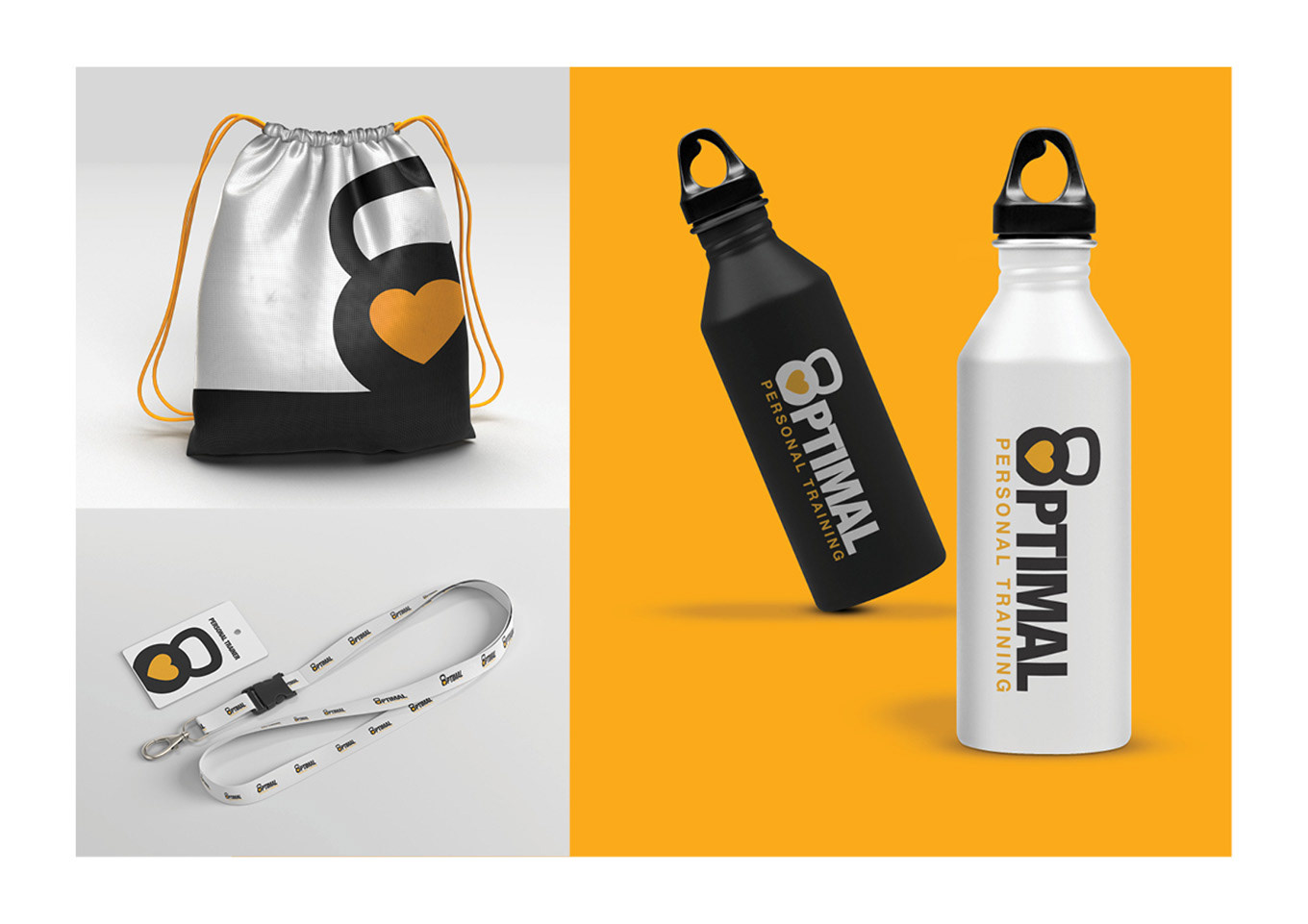Optimal Personal Training brand merchandise, bottle, bag and lanyard