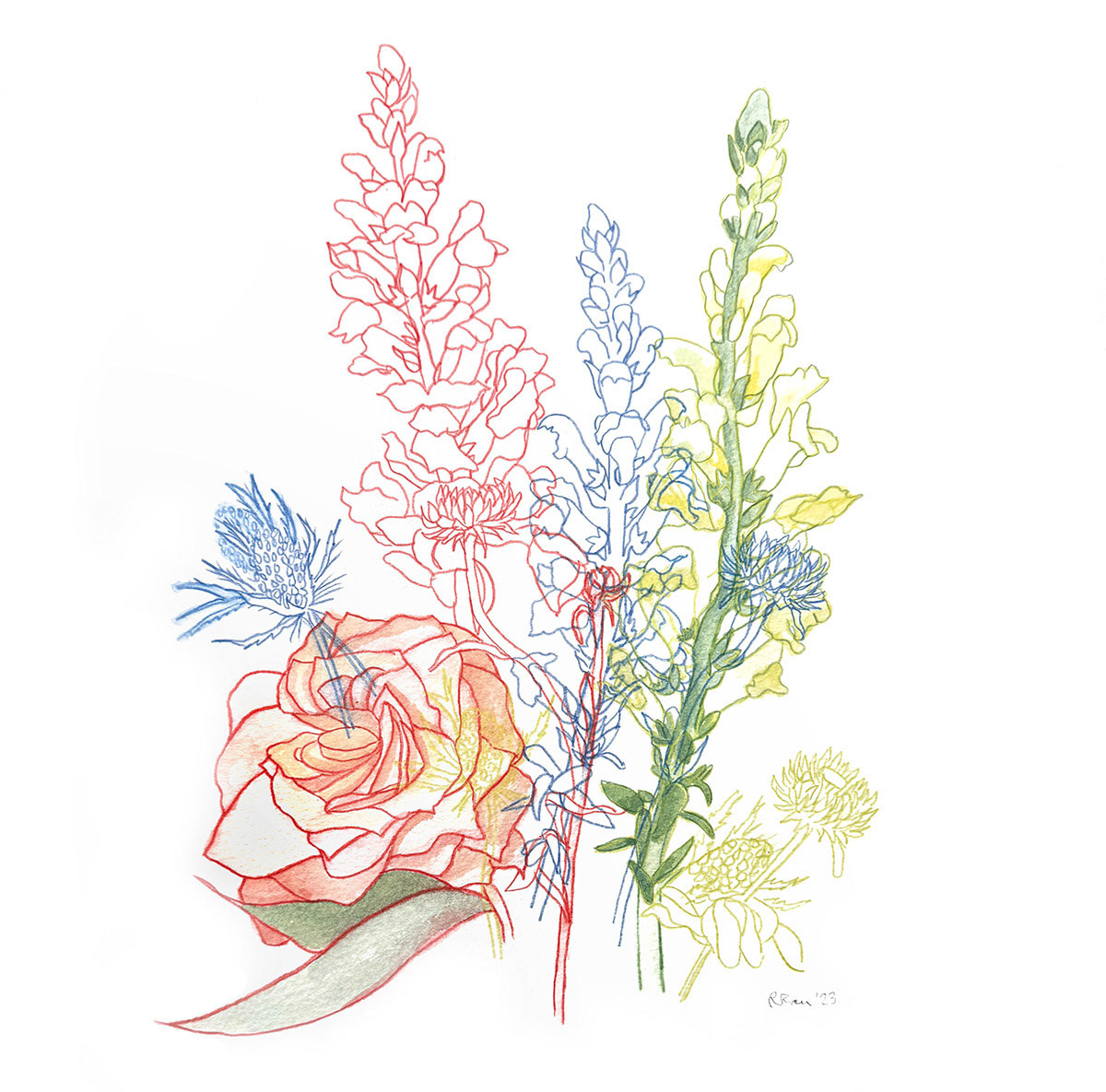 Arrangement 2 | 2023 | Watercolor and watercolor pencil | 14.75 x 14.75"