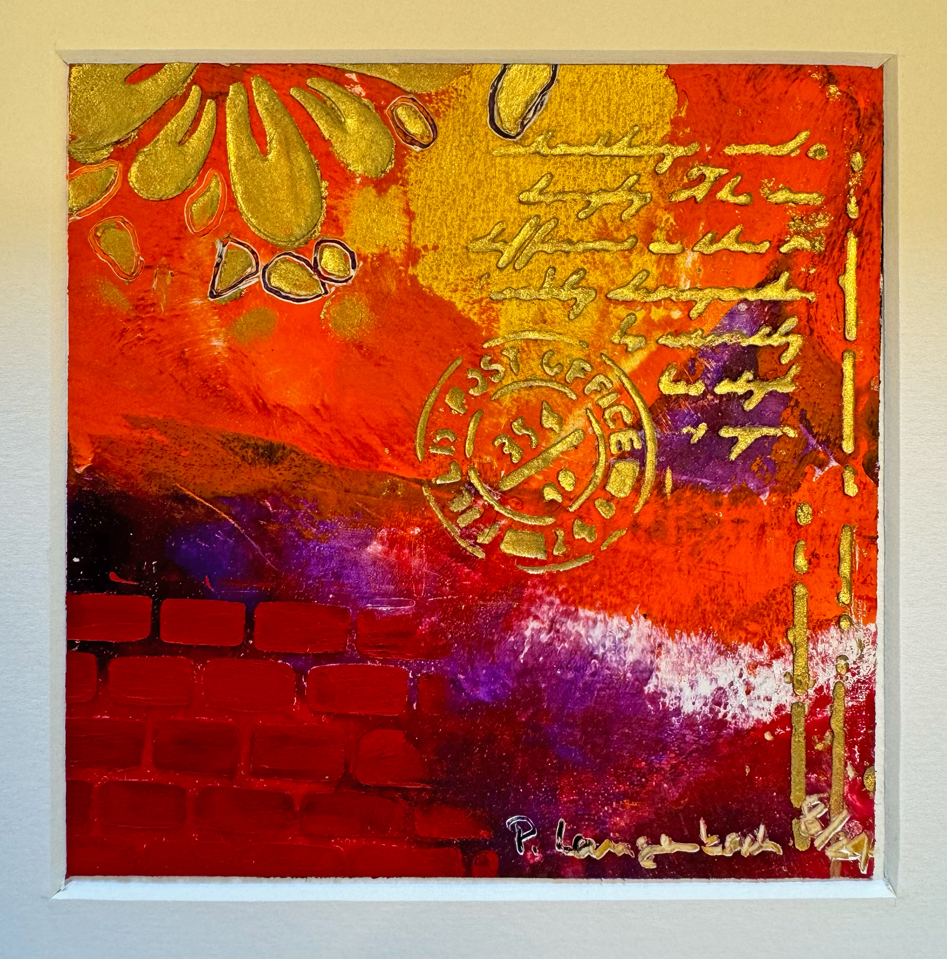 Abgestempelt oder goldene Inschrift. Ich habe die Wahl. Ölfarbe mit Coldwax Mixed Media, 12 x 12 cm auf säurefreiem Papier 300 g/qm; 89,- Euro inkl. Passepartout