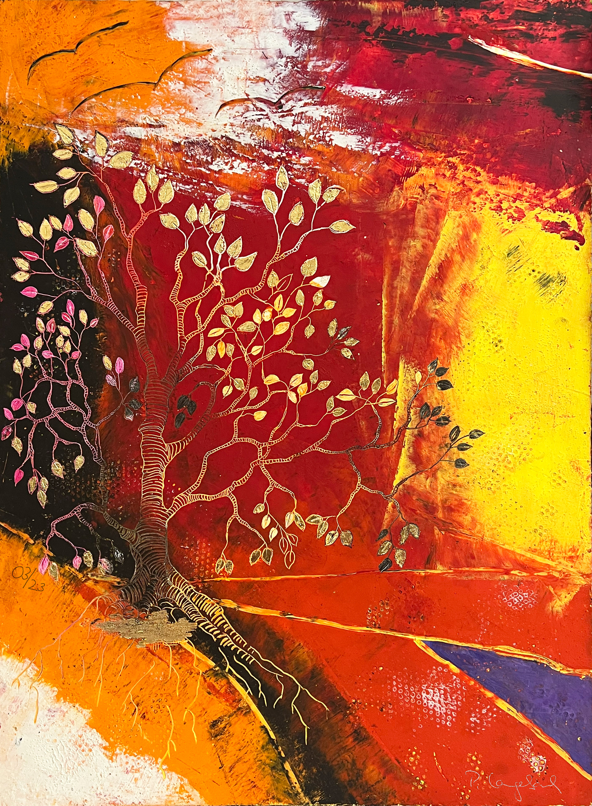 • VERKAUFT • Sommer – Faszination der Jahreszeiten – der Sommer strahlt uns am Lebensbaum in purem Gold entgegen. So viel Lebenskraft und Schönheit in goldenen Blättern. Coldwax – Öl auf Lamellenkarton – 52 x 72 cm • VERKAUFT