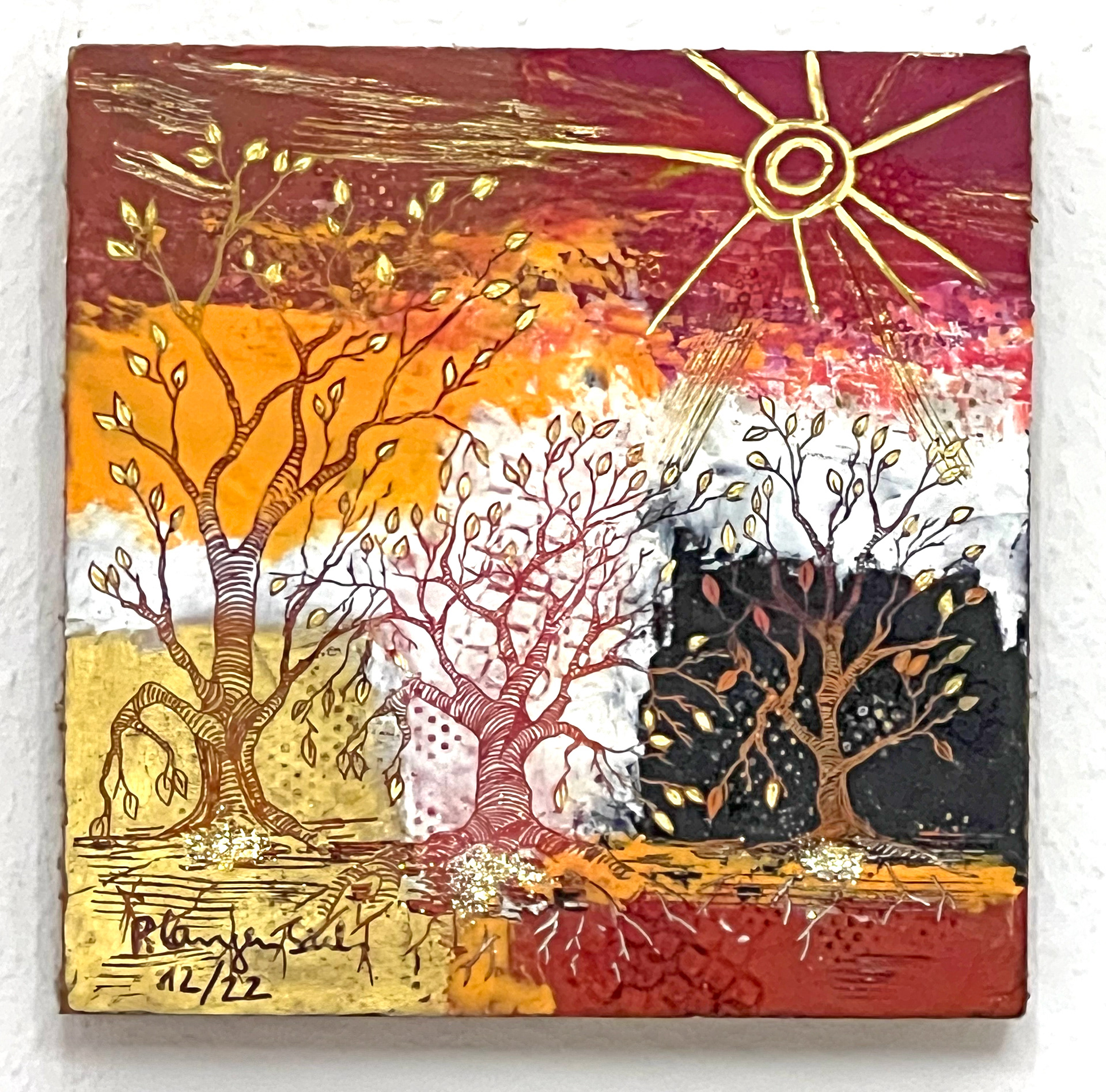 In den Wurzeln verbunden sein überbrückt tiefe Gräben.
Coldwax mit Öl auf Karton – 30 x 30 cm auf Lamellenkarton • Euro 357,- inkl. MwSt. braucht keinen Bilderrahmen • Bestellung an info@grafik-agentur-L.de
