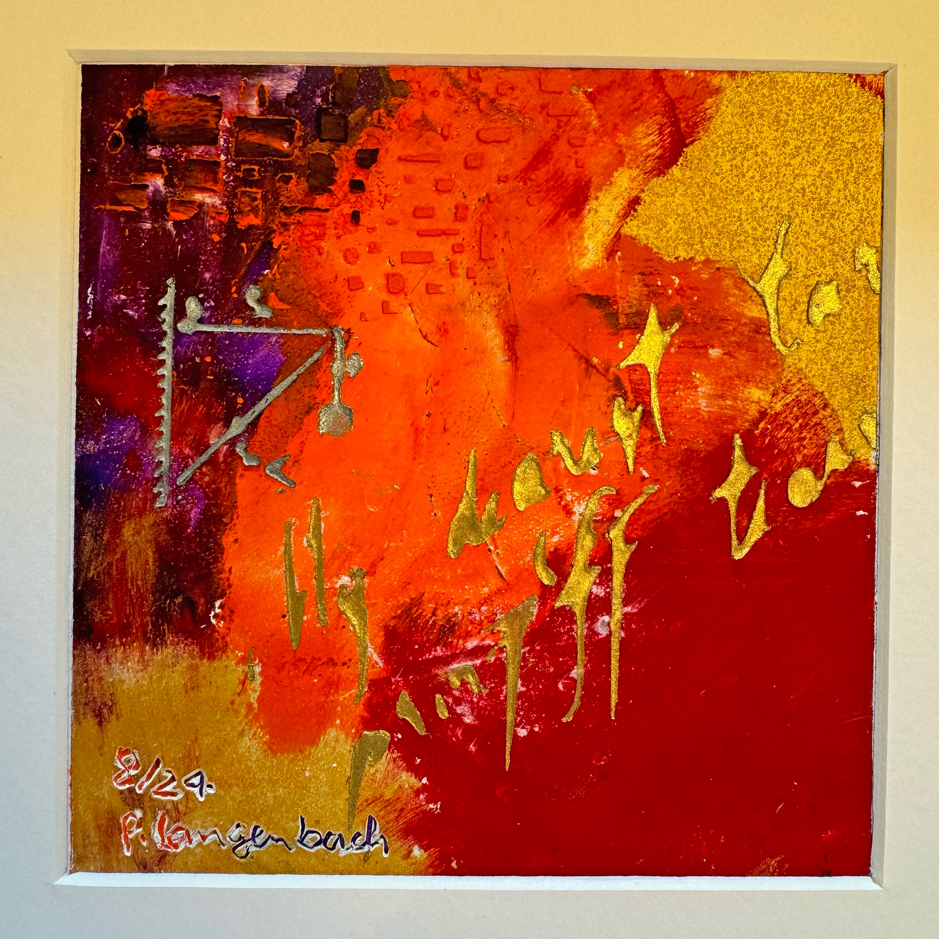 Wissenschaft im Mittelalter und Gold fließt im ganz normalen Leben. Ölfarbe mit Coldwax Mixed Media, 12 x 12 cm auf säurefreiem Papier 300 g/qm; 89,- Euro inkl. Passepartout