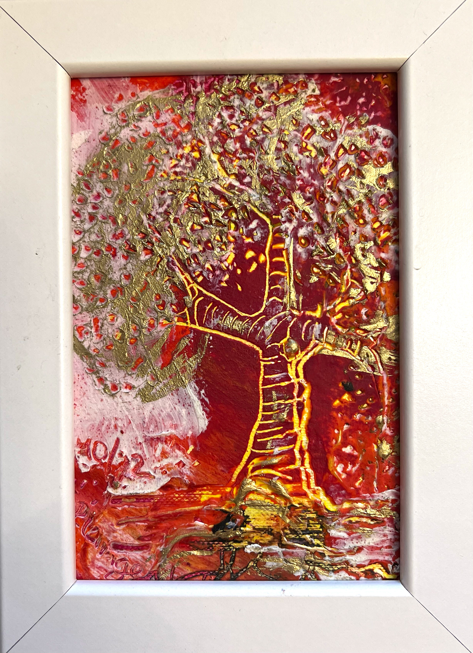 Abendrot am Himmel, goldscheinende Blätterglut wetteifern miteinander die Augen auf sich zu lenken; 9x14 cm Ölfarbe mit Coldwax auf ÖlmalPapier 200g/qm