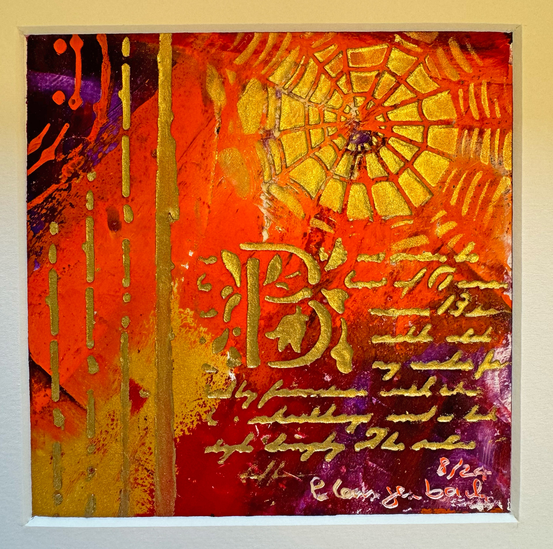 Lichtstrahlen wärmen oder Spinnennetz fängt Dich ein. Was siehst Du? Ölfarbe mit Coldwax Mixed Media, 12 x 12 cm auf säurefreiem Papier 300 g/qm; 89,- Euro inkl. Passepartout