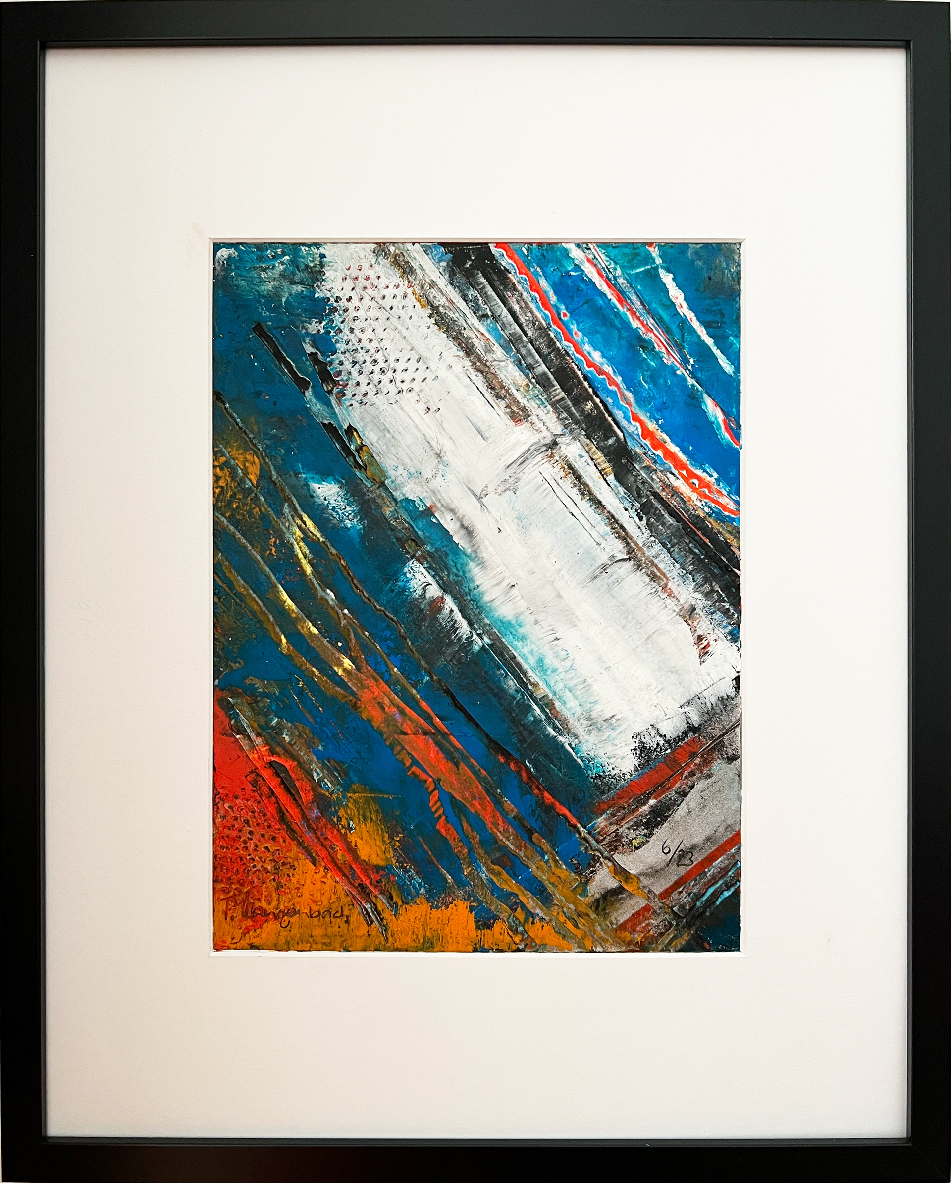 Im Fluss prägt sich manches tief und tiefer. Wie schön, wenn die Farben dadurch darunter hervorleuchten. Coldwax mit Öl auf Papier
– 29 x 39 cm auf säurefreiem Papier Arches, 300 g/qm • Euro 416,- inkl. MwSt. MIT Bilderrahmen • Bestellung an info@grafik-agentur-L.de