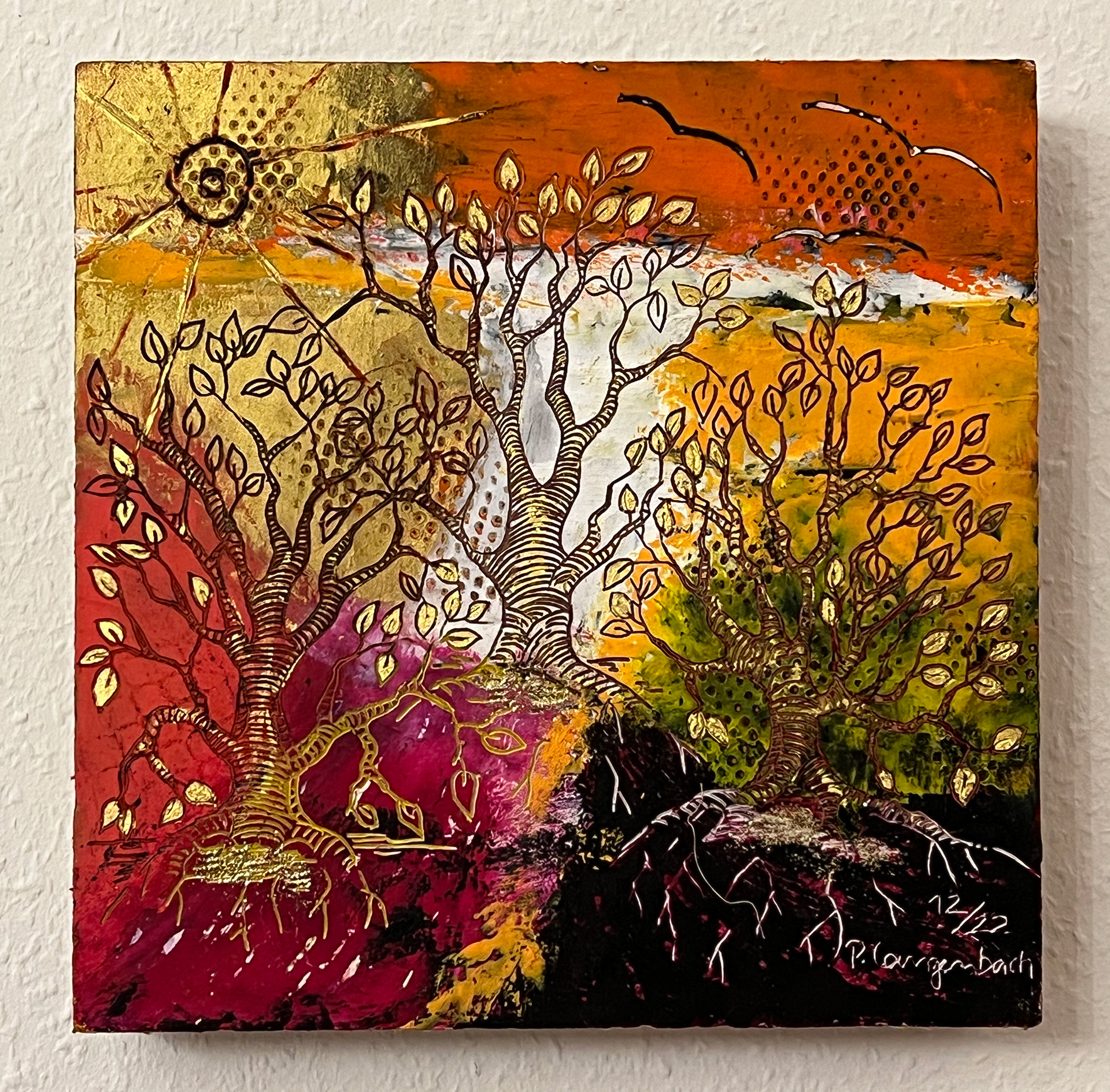 Ernährt von goldenem Licht und Wurzeln, die in der Tiefe Nahrung finden.
Coldwax mit Öl auf Karton – 30 x 30 cm auf Lamellenkarton • Euro 357,- inkl. MwSt. braucht keinen Bilderrahmen • Bestellung an info@grafik-agentur-L.de