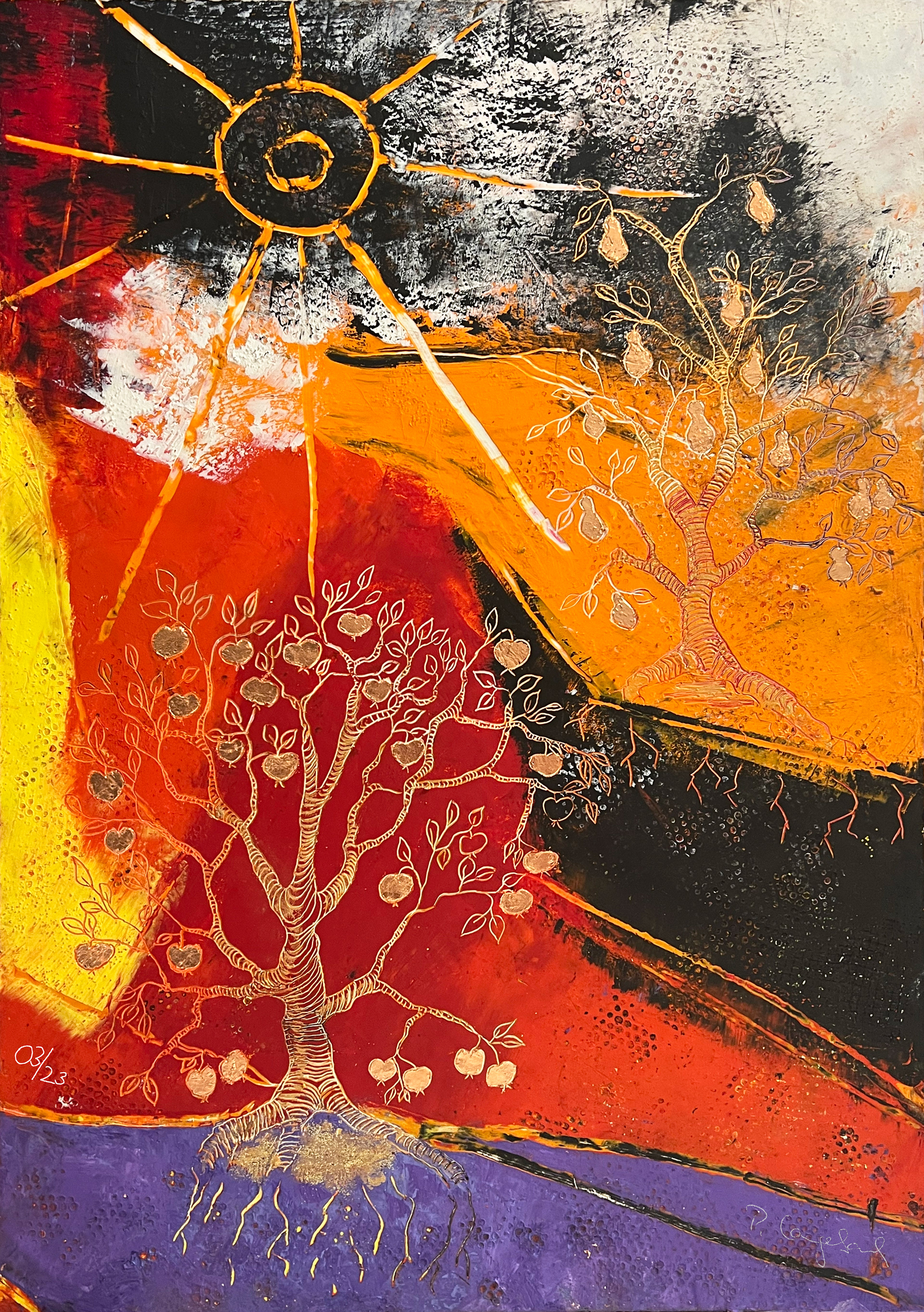 • VERKAUFT • Herbst – Faszination der Jahreszeiten – der herbstliche Lebensbaum beschenkt uns mit goldenen Früchten. Verdiente Ernte in der Zeit. Coldwax – Öl auf Lamellenkarton
– 52 x 72 cm • VERKAUFT