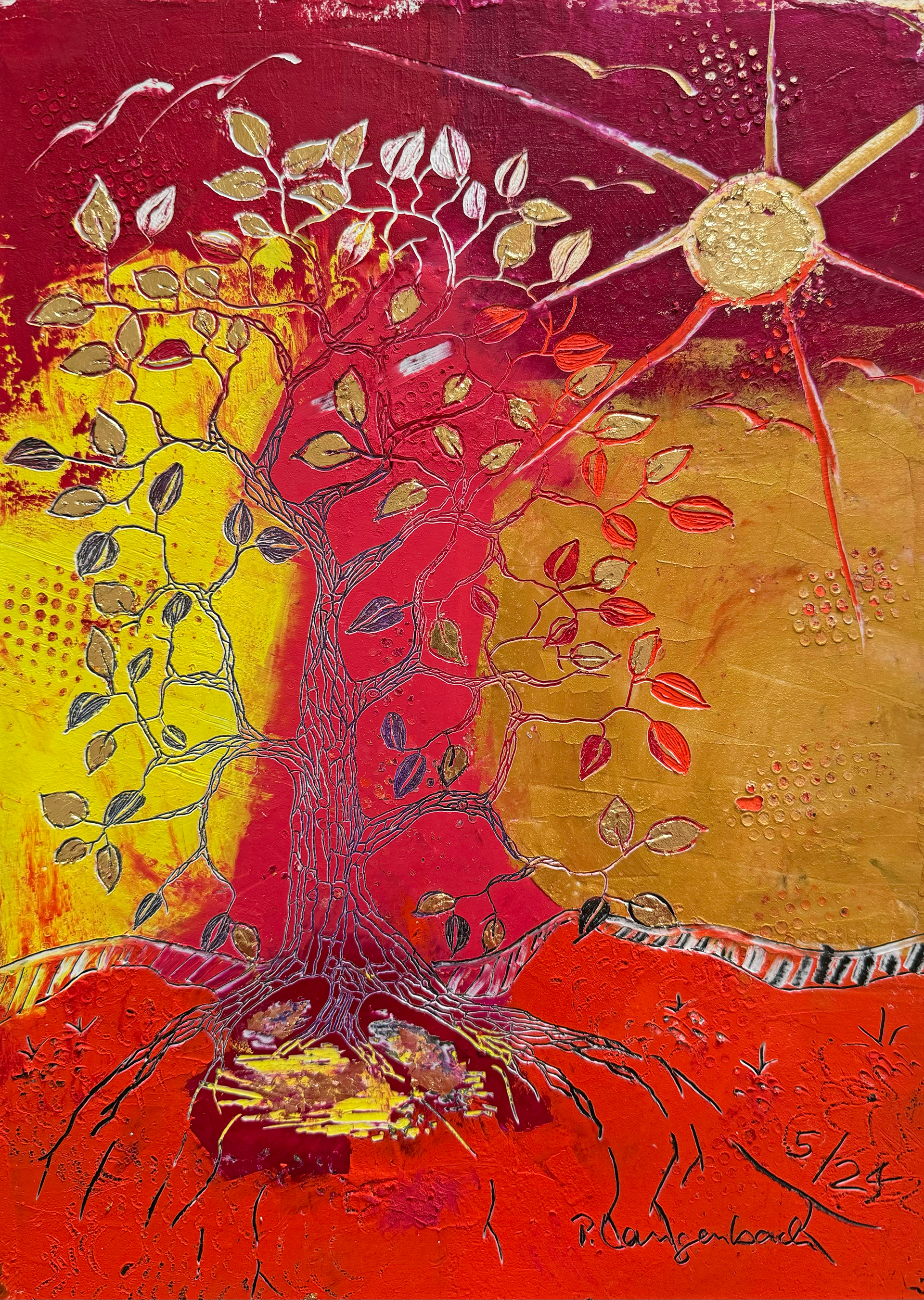 Der Weg geht geradeaus. Scheinbar durch den Baum hindurch - doch er ist tief verwurzelt - so geht jeder darum herum. Sei gegründet!“ 29x39cm Coldwax-Technik, Papier: Arches 300 g/qm, pure Cotton; Euro 476,- inkl. MwSt.