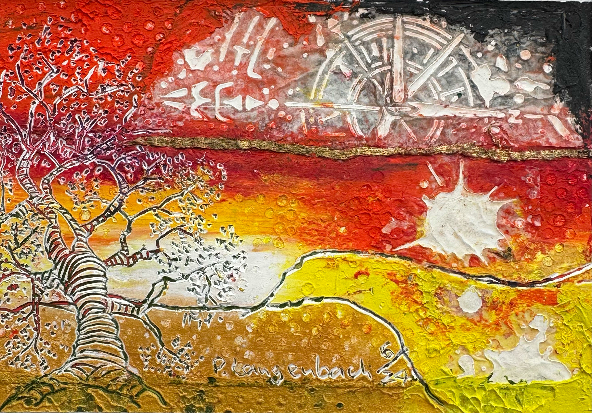 Wenn Wurzeln gekappt werden – wird die Sonne dann zum Kompass? Was trägt!? Ölfarbe mit Coldwax Mixed Media, 12 x 12 cm auf säurefreiem Papier 250 g/qm; 99,- Euro mit Passepartout und Bilderrahmen