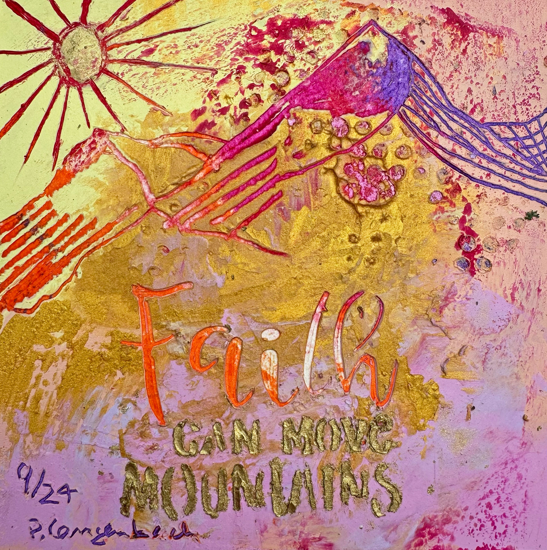 Faith can move Mountains even in the evening. Ölfarbe mit Coldwax Mixed Media, 12 x 12 cm auf säurefreiem Papier 250 g/qm; 89,- Euro mit Passepartout und Bilderrahmen
