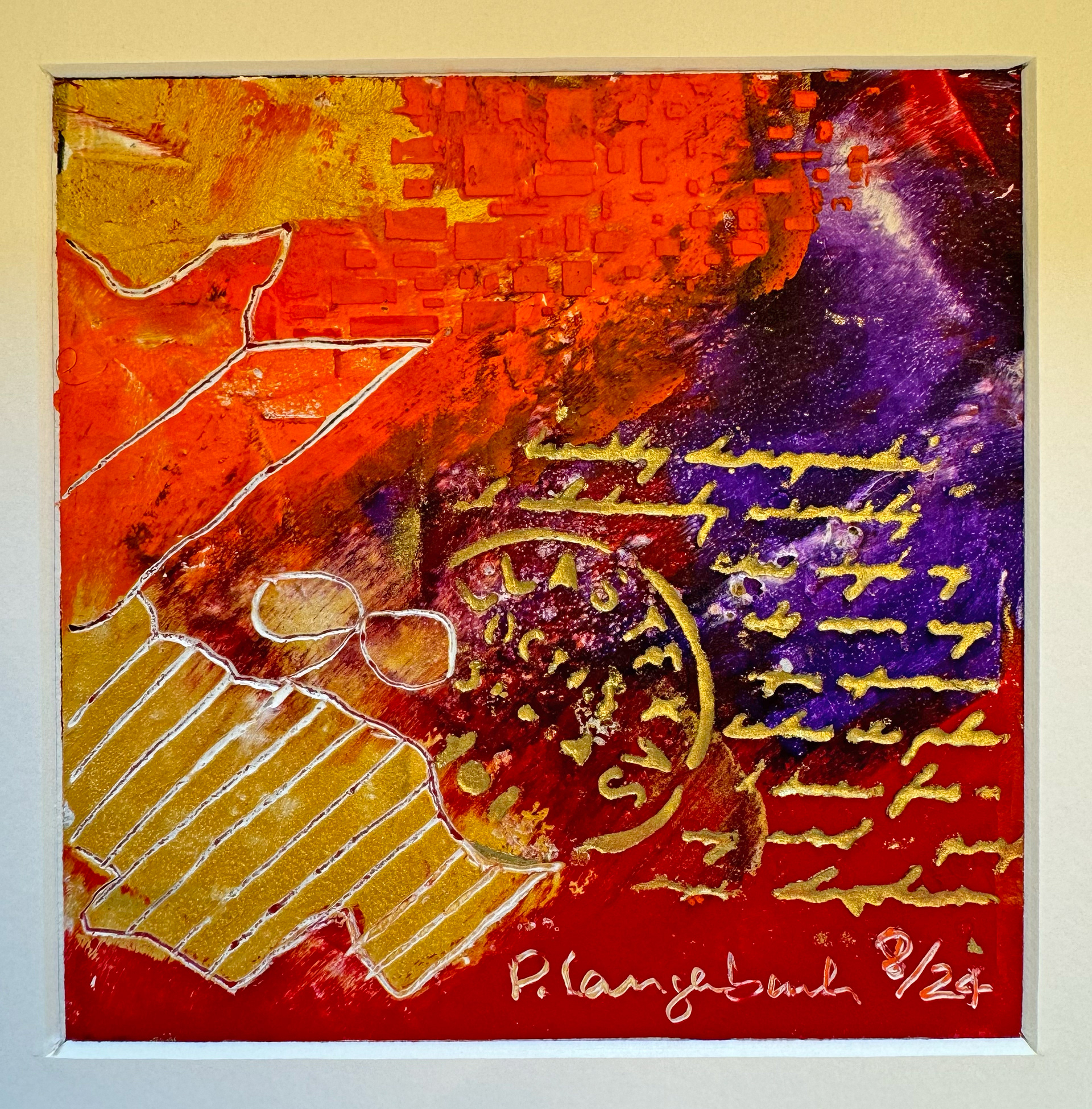 Fruchtbare Felder und unverstaendliche Zeichen. Was mach ich damit? Ölfarbe mit Coldwax Mixed Media, 12 x 12 cm auf säurefreiem Papier 300 g/qm; 89,- Euro inkl. Passepartout