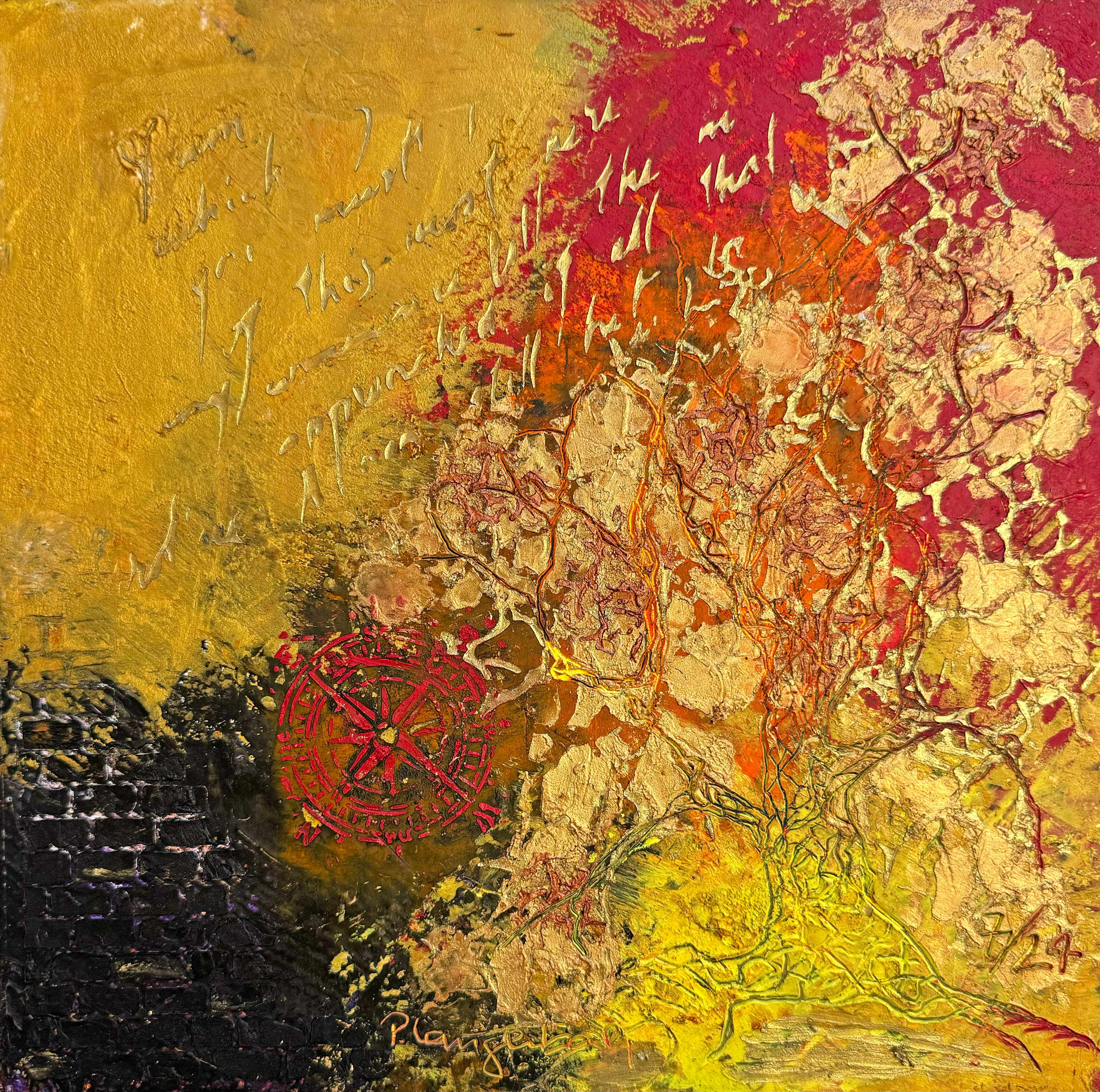 Explodieren jetzt schon die Blätter am Baum; Coldwax mit Öl, Mixed Media – 30 x 30 cm auf Malkarton Euro 500,- inkl. MwSt