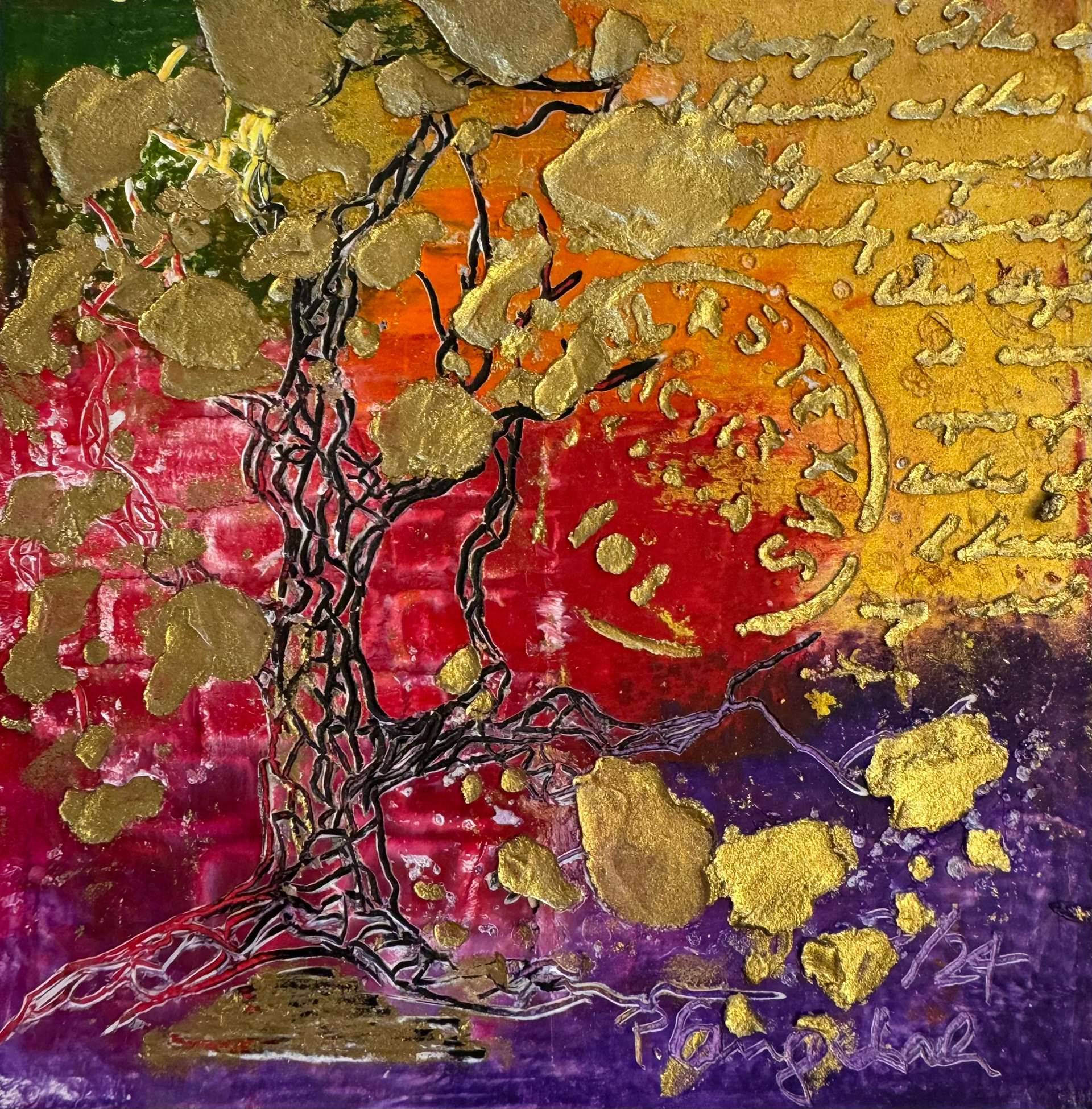 Fruit of Lifetree;Ölfarbe mit Coldwax Mixed Media, 12 x 12 cm auf säurefreiem Papier 300 g/qm; 89,- Euro inkl. Passepartout und Bilderrahmen