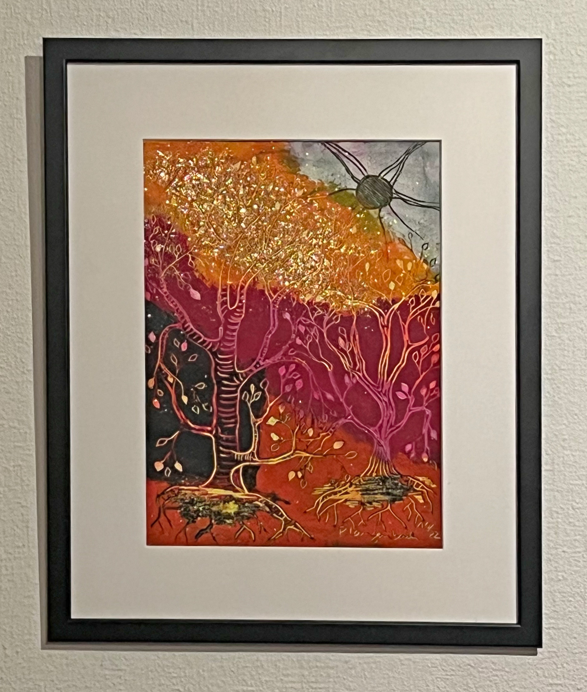 Die Wolke aus Goldstaub senkt sich unerwartet auf das Laub. Es ist ein Geschenk – die Stärke des Baumes liegt in seinen Wurzeln und in der Verbindung nach oben. Coldwax mit Öl auf Papier – 26 x 36 cm auf säurefreiem Papier Arches, 230 g/qm • Euro 416,- inkl. MwSt. mit Bilderrahmen + Passepartout • Bestellung an INFO@GRAFIK-AGENTUR-L.DE