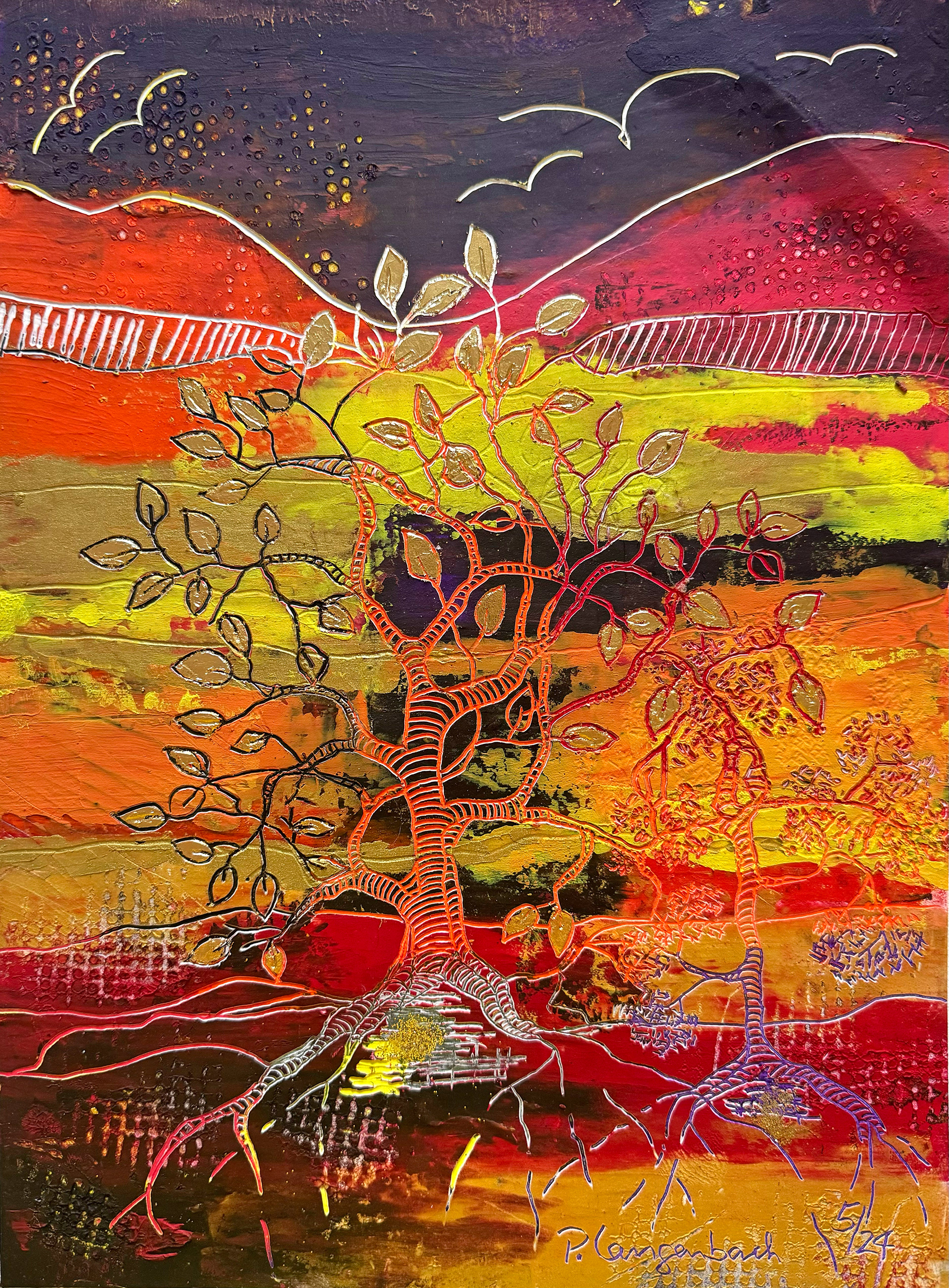 • VERKAUFT • In sich ruhend - tief verwurzelt - der dunkle Himmel wandelt sich doch der alte Baum nährt sich in solchen Zeiten aus den Schätzen in seinen Wurzeln.“ 29x39cm Coldwax-Technik; Papier: Arches 300 g/qm, pure Cotton; Euro 476,- inkl. MwSt.